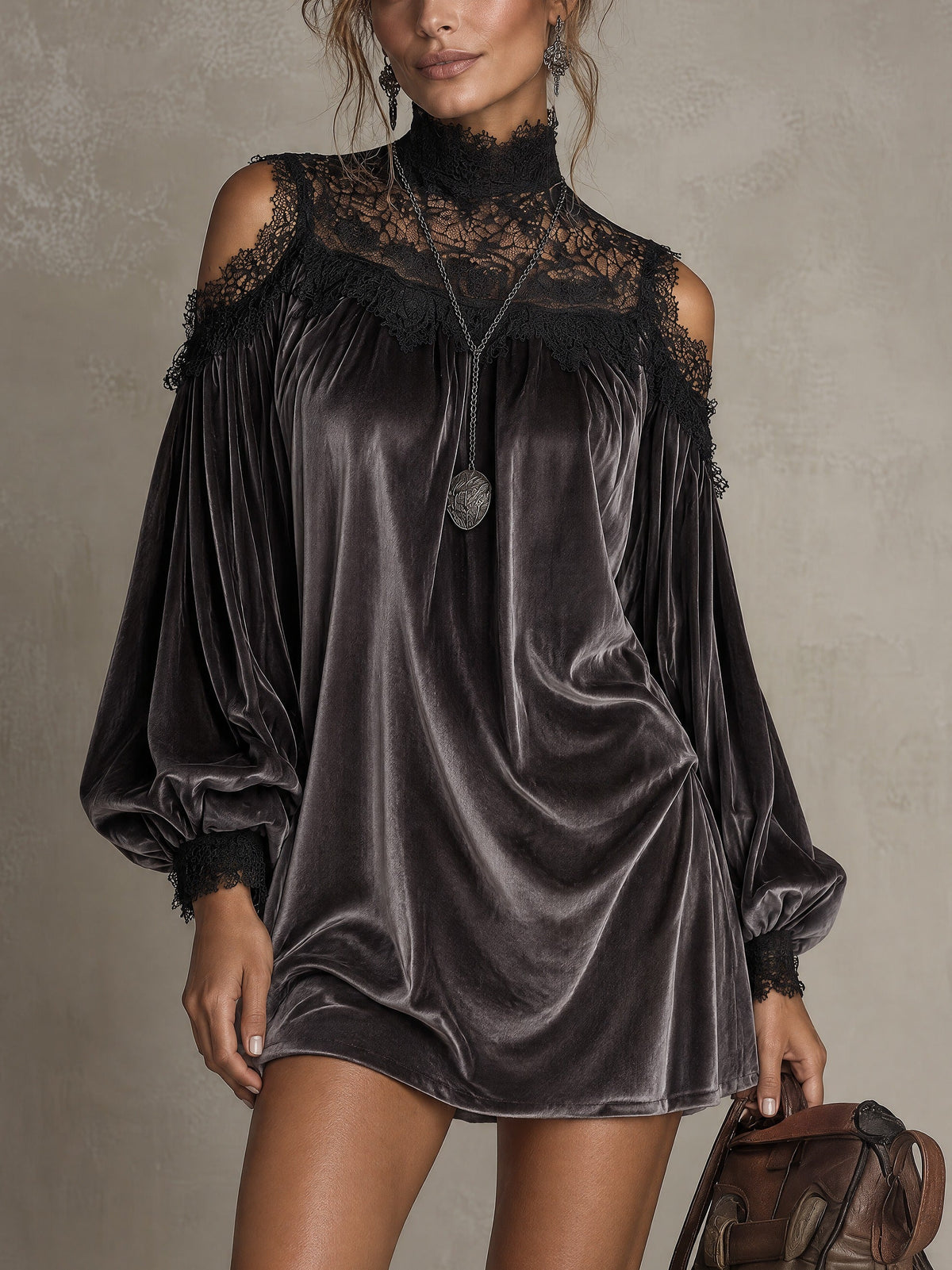 Dark Grey Velvet Shoulder Mini Dress With Lace High Neck