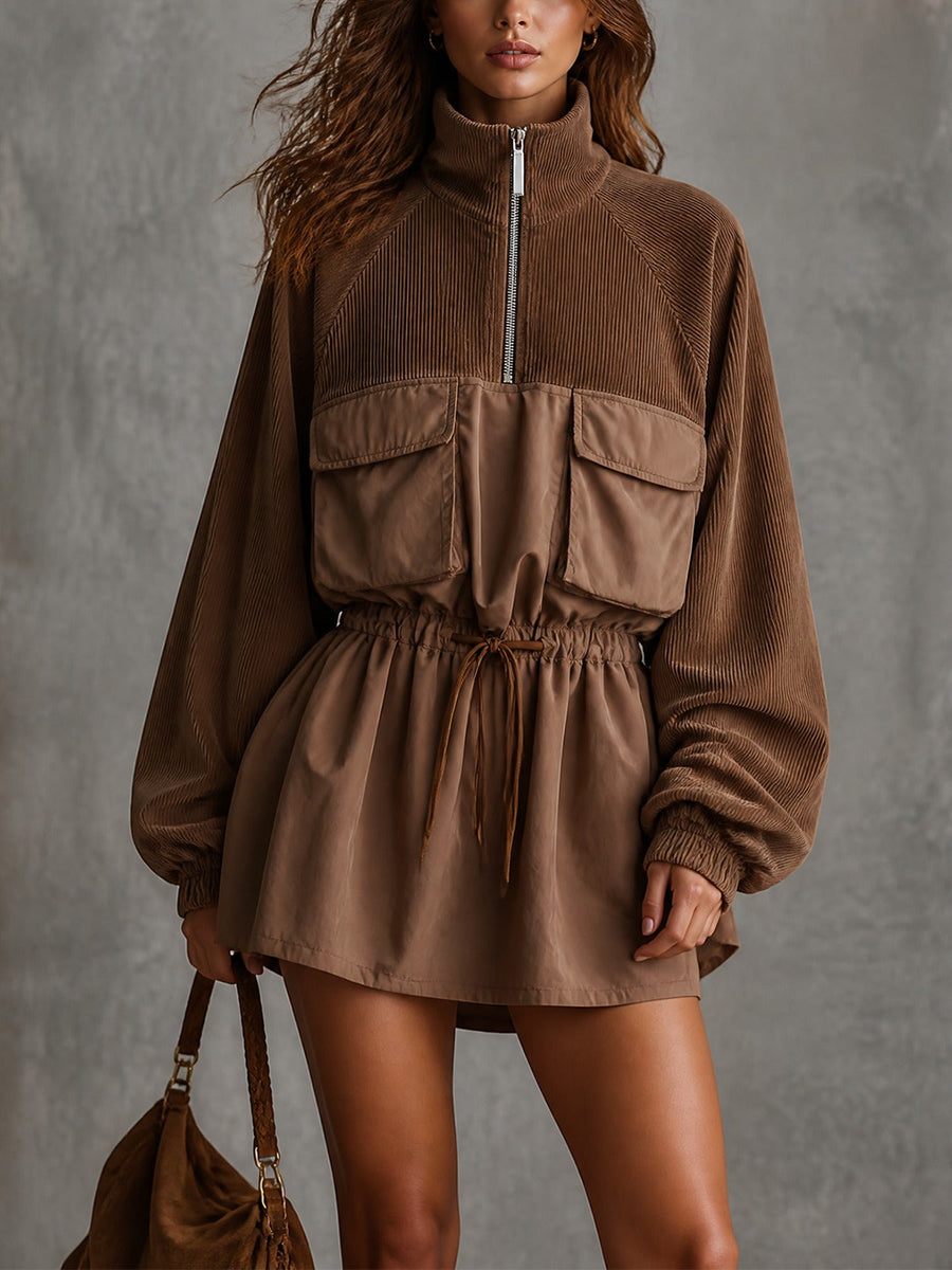 Casual Brown Stand-Collar Half-Zip Pocket Mini Dress