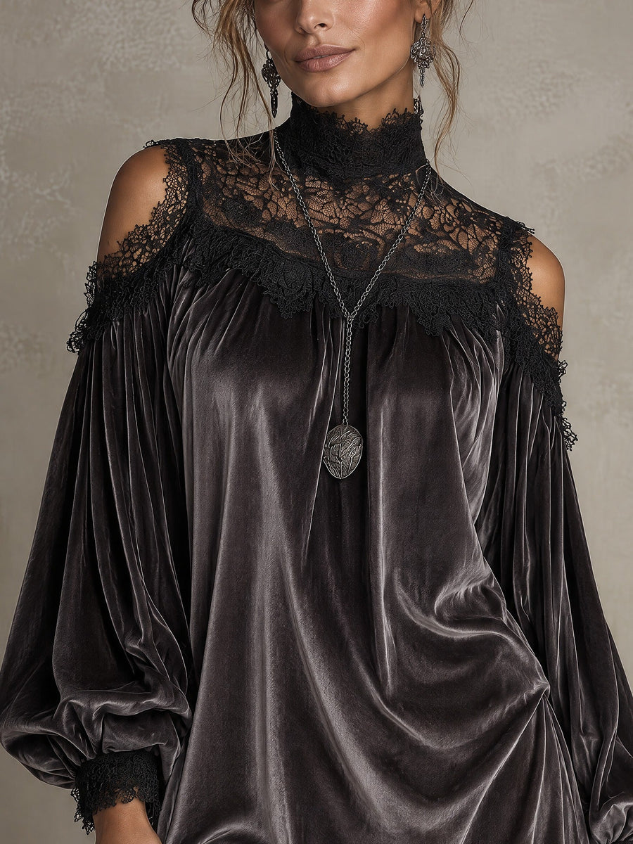Dark Grey Velvet Shoulder Mini Dress With Lace High Neck