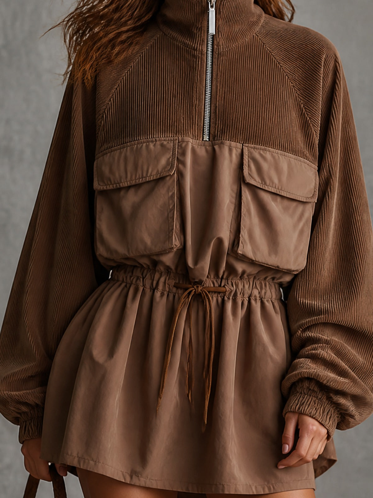 Casual Brown Stand-Collar Half-Zip Pocket Mini Dress