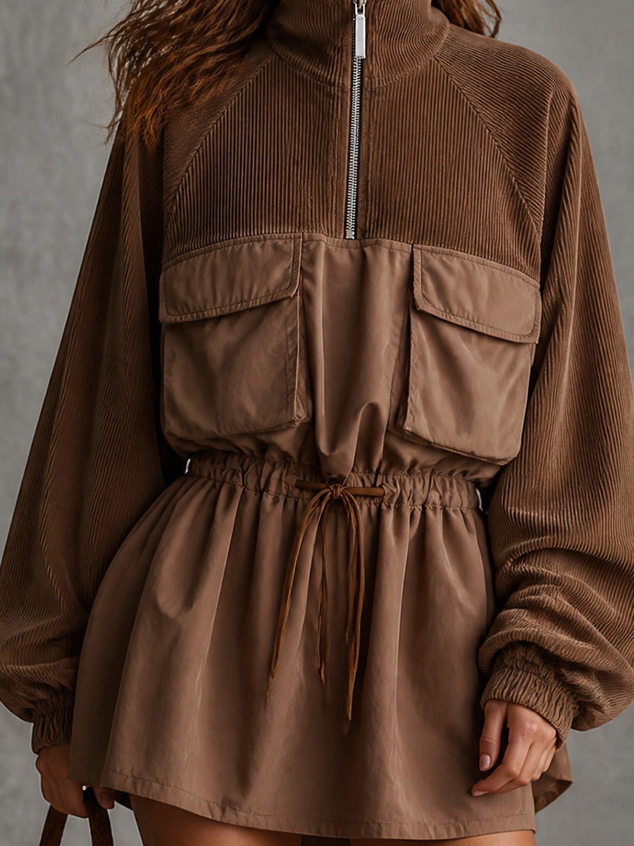 Casual Brown Stand-Collar Half-Zip Pocket Mini Dress