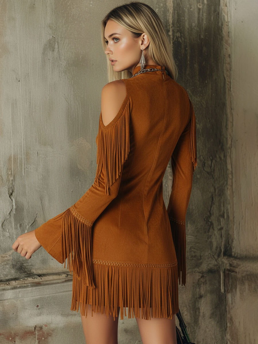 Brown High-neck Off-shoulder Tassel Faux Suede Long-sleeved Mini Dress