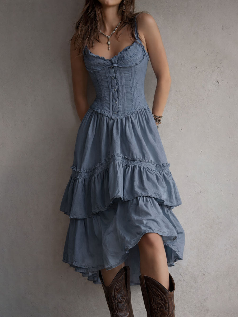 Marisol | Corset Tiered Lace-Trim Midi Dress