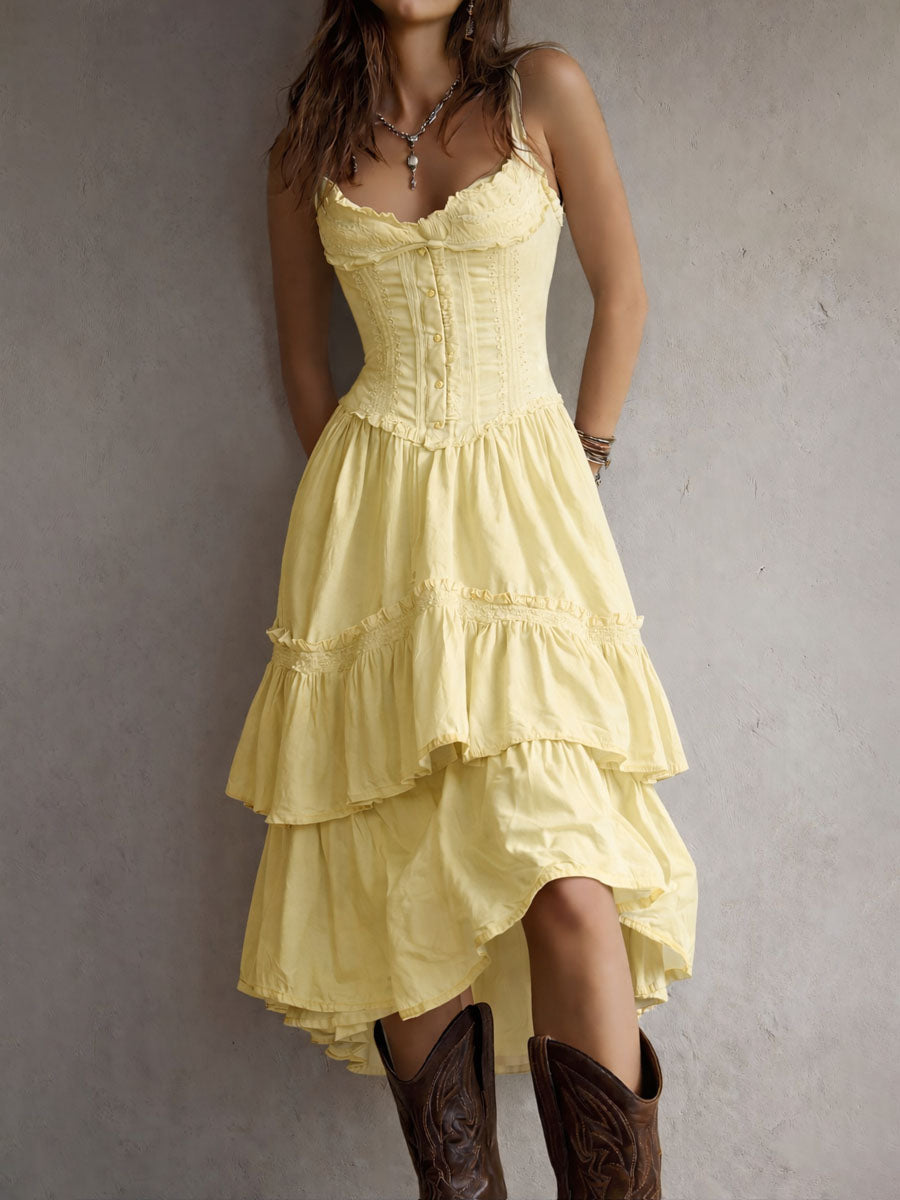 Marisol | Corset Tiered Lace-Trim Midi Dress