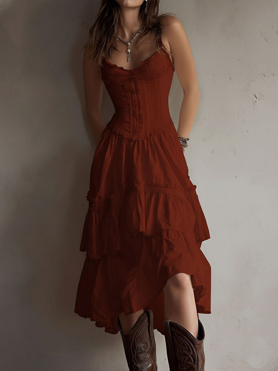 Marisol | Corset Tiered Lace-Trim Midi Dress