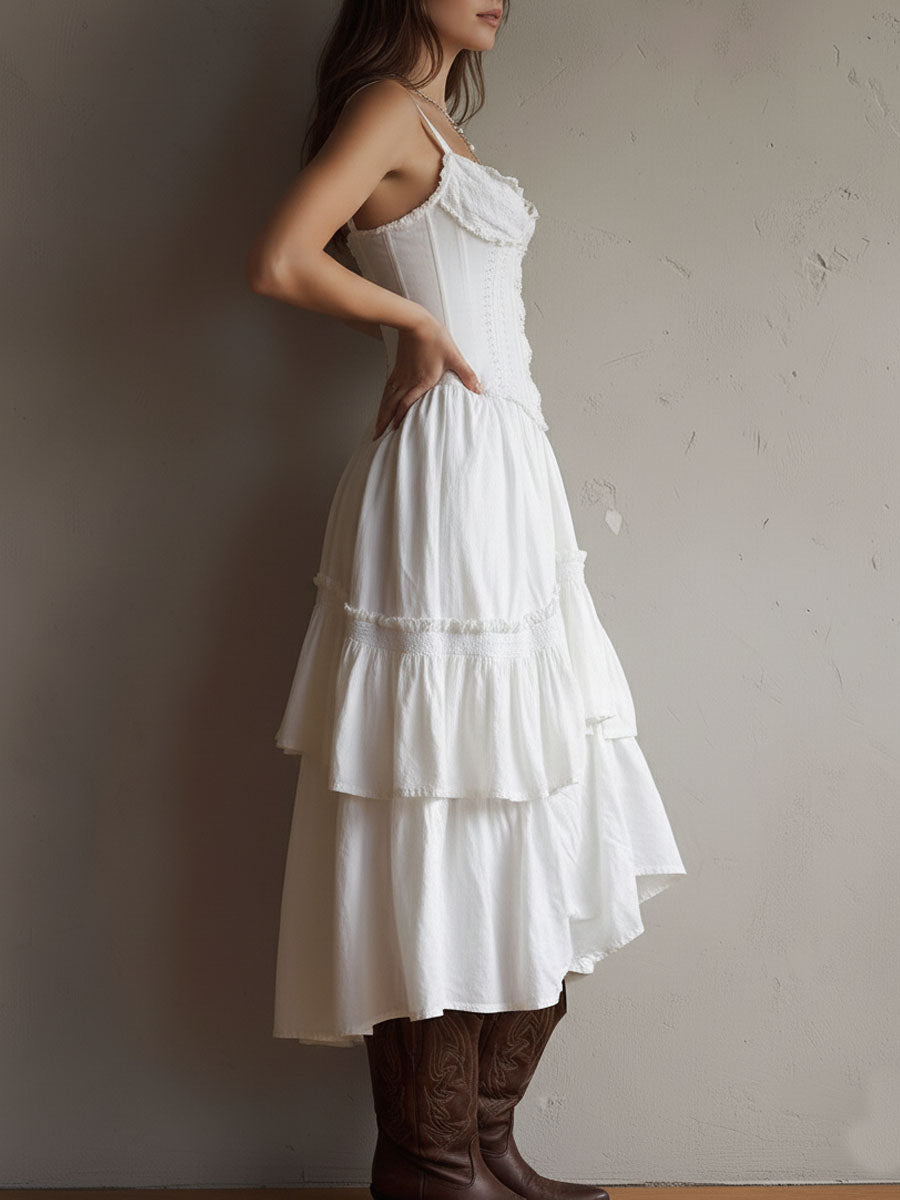 Marisol | Corset Tiered Lace-Trim Midi Dress