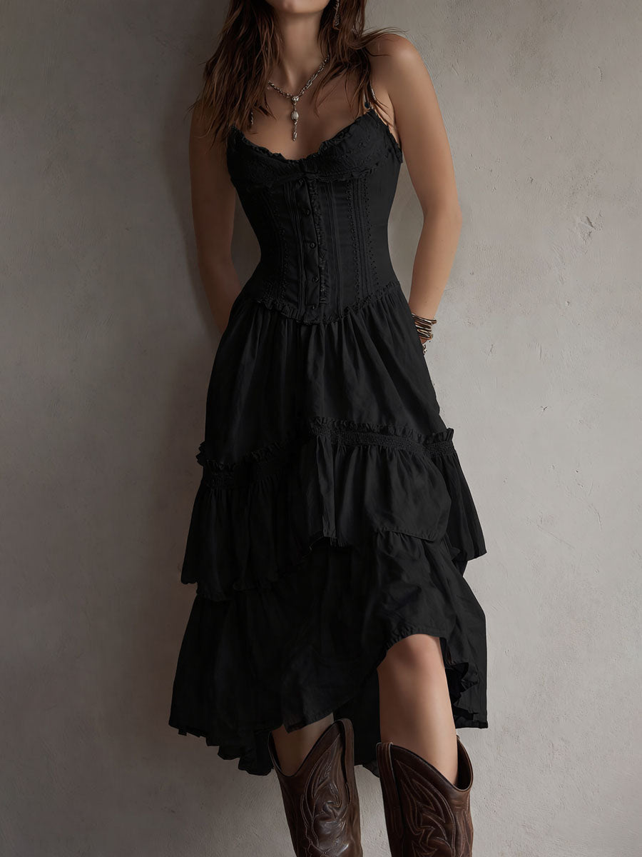 Marisol | Corset Tiered Lace-Trim Midi Dress