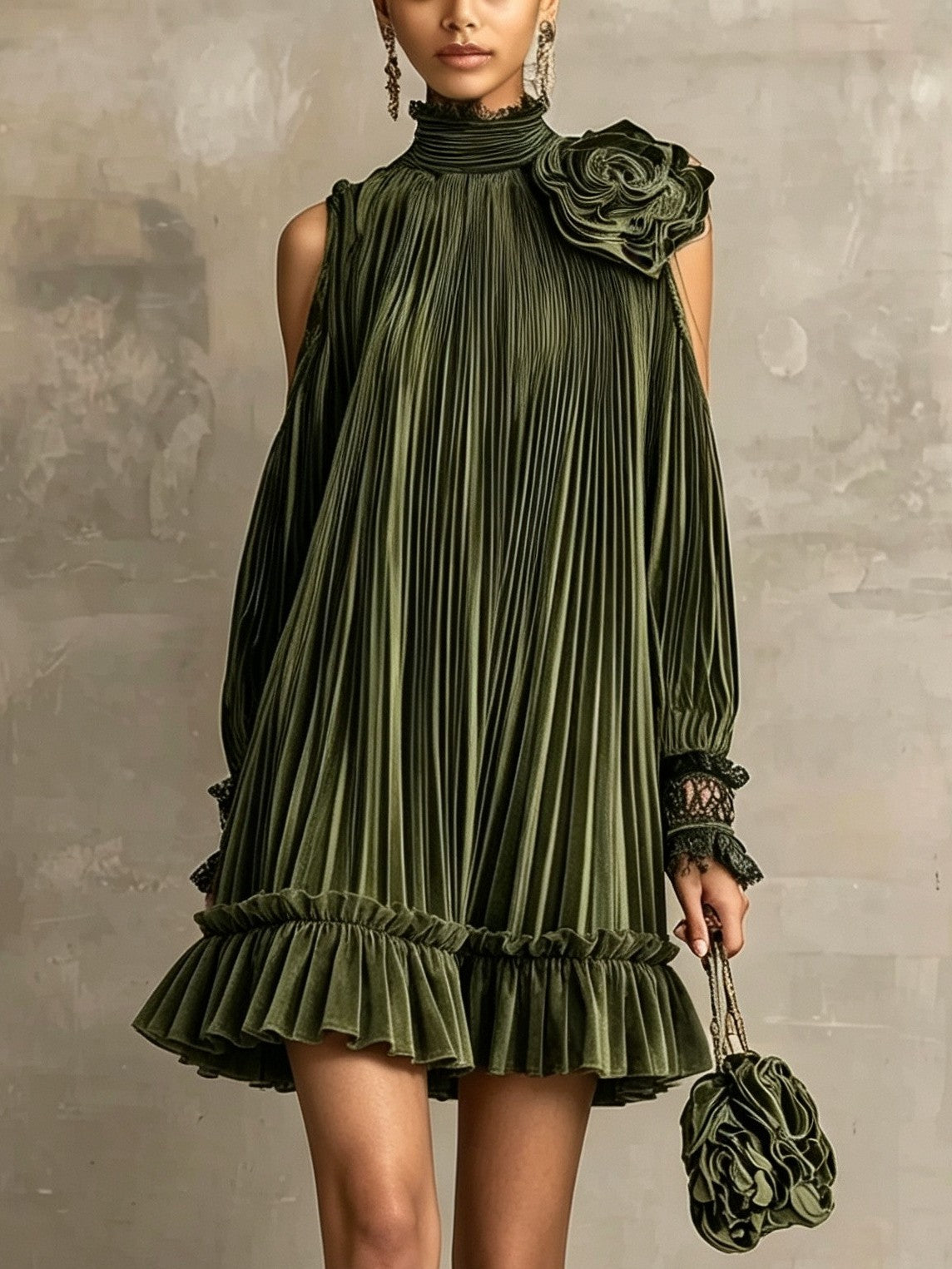 Elegant Olive Green Pleated Mini Dress with High Neck, Ruffle Hem & Rose Detail