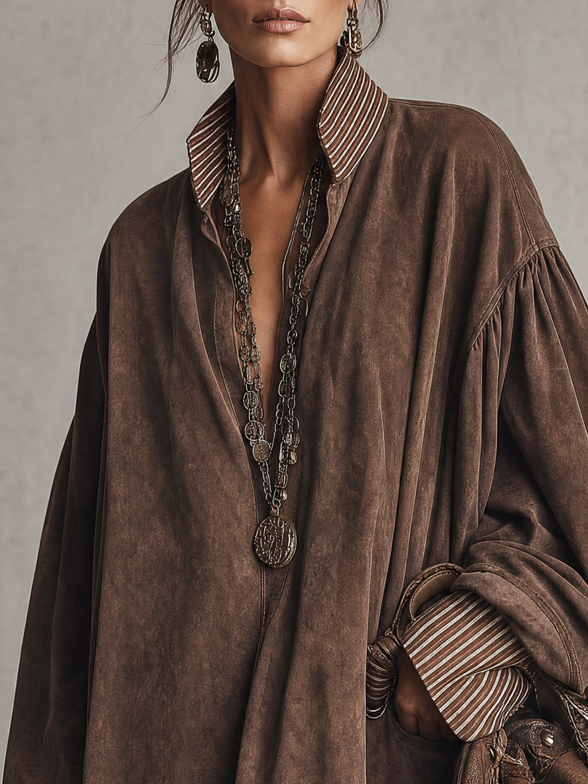 Vintage Brown Faux Suede Striped Shirt Collar Oversized Mini Dress