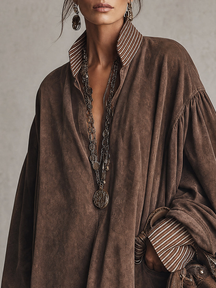 Vintage Brown Faux Suede Striped Shirt Collar Oversized Mini Dress