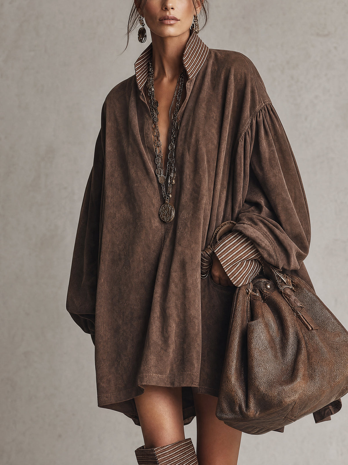 Vintage Brown Faux Suede Striped Shirt Collar Oversized Mini Dress
