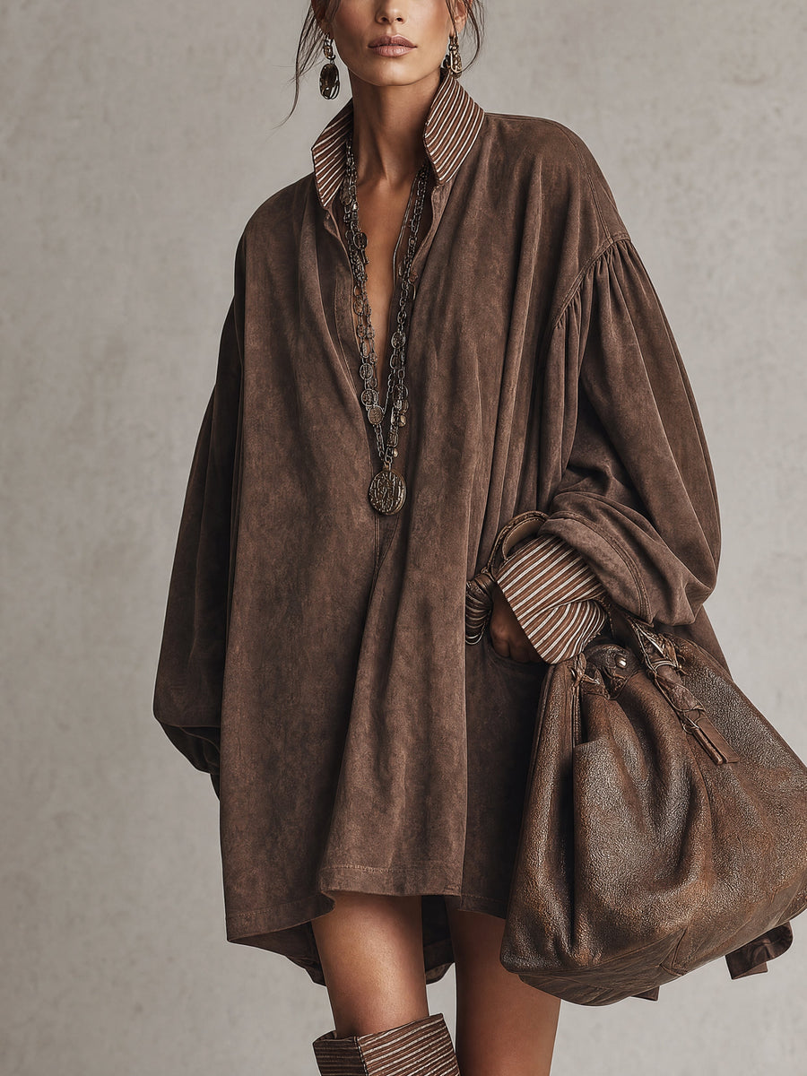 Vintage Brown Faux Suede Striped Shirt Collar Oversized Mini Dress