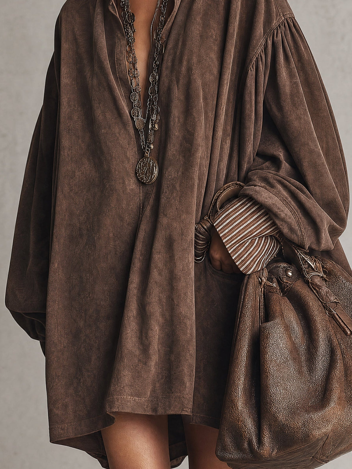 Vintage Brown Faux Suede Striped Shirt Collar Oversized Mini Dress