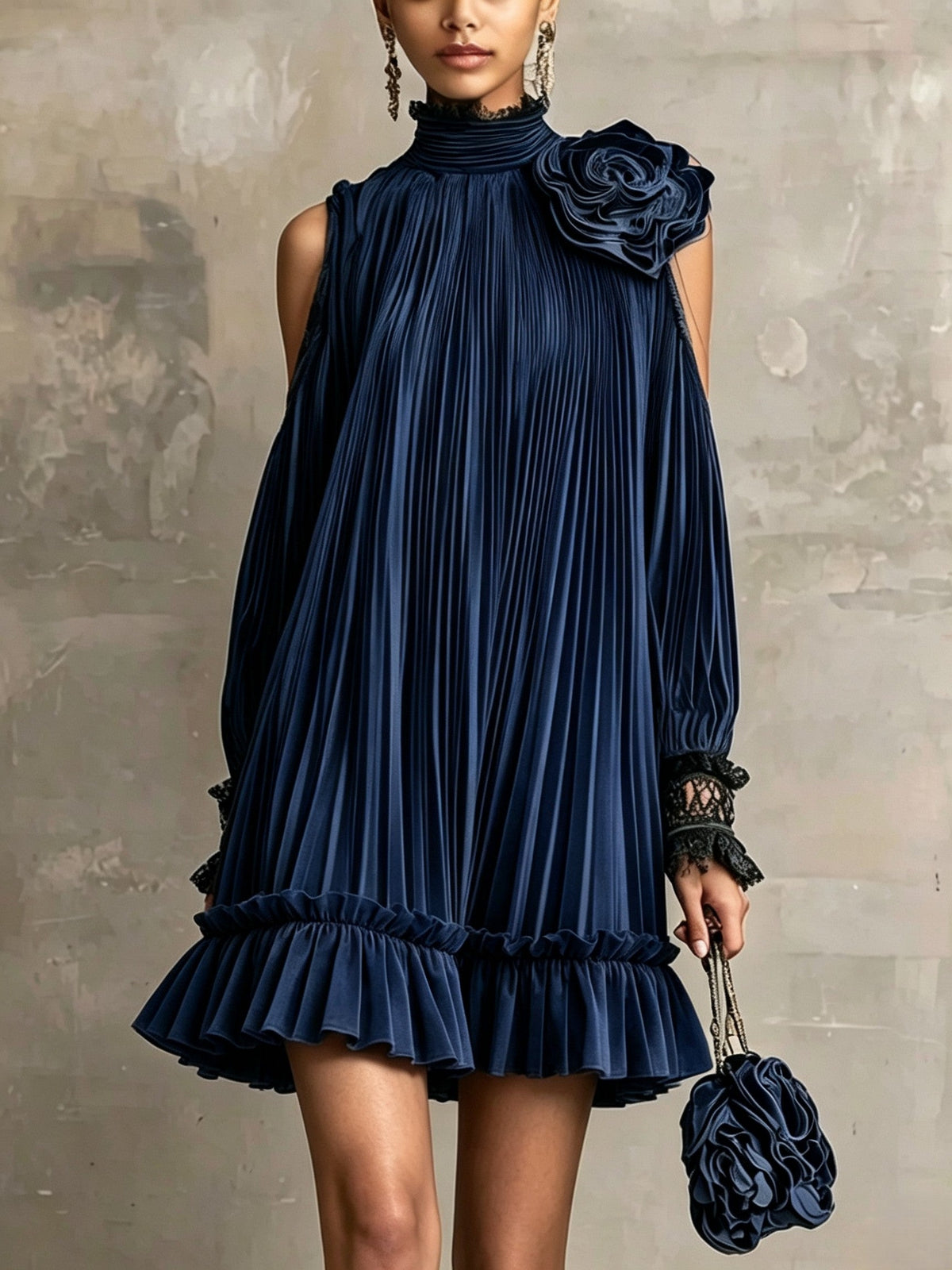 Elegant Olive Green Pleated Mini Dress with High Neck, Ruffle Hem & Rose Detail