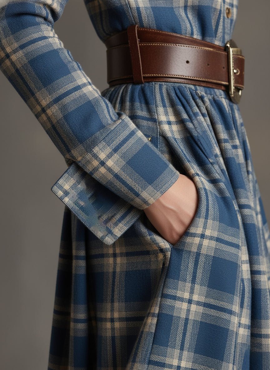 Retro Ethnic Style Lapel Reddish Brown Plaid Maxi Dress