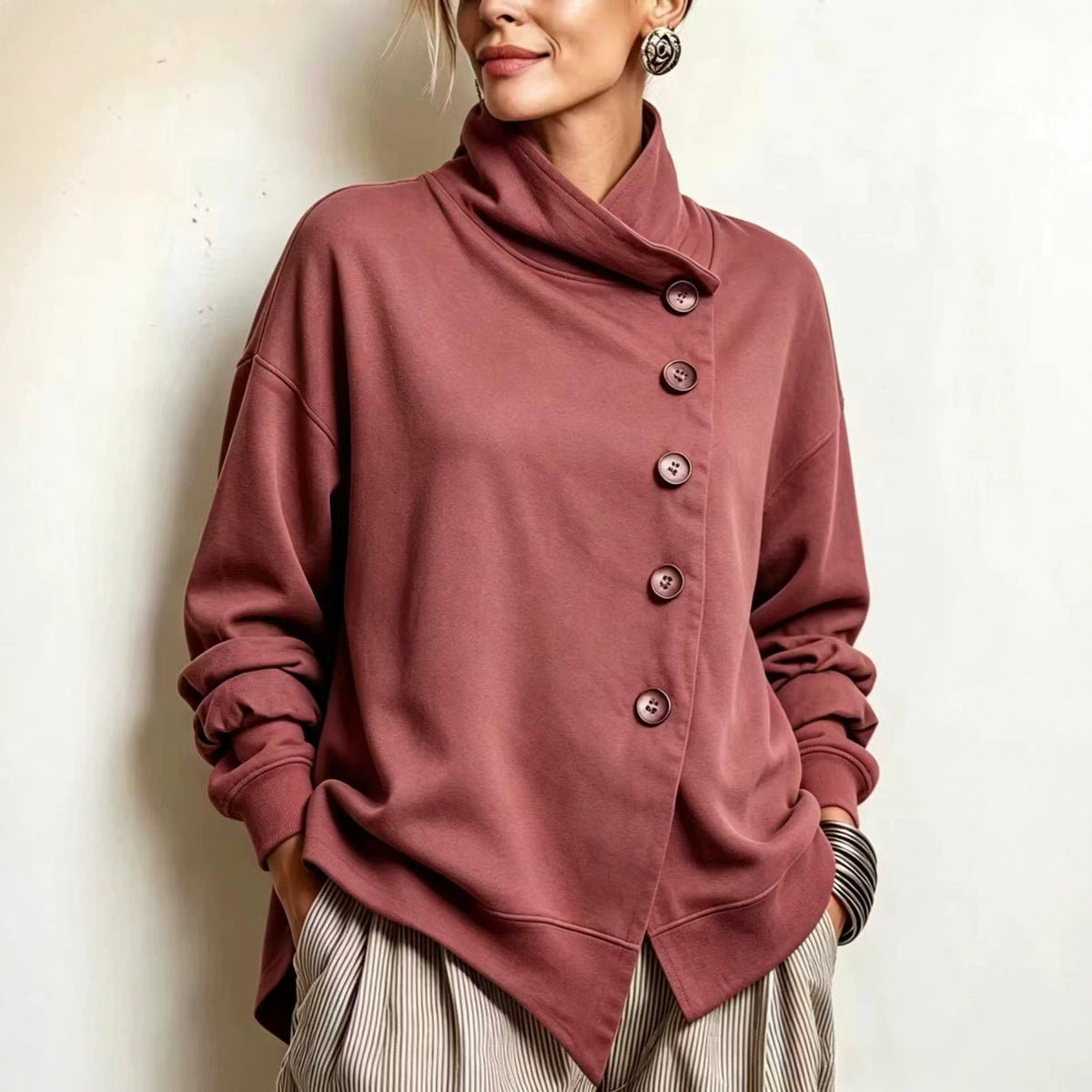 Turtleneck Long-sleeve Top With Slanted Button Placket And Asymmetrical Hem