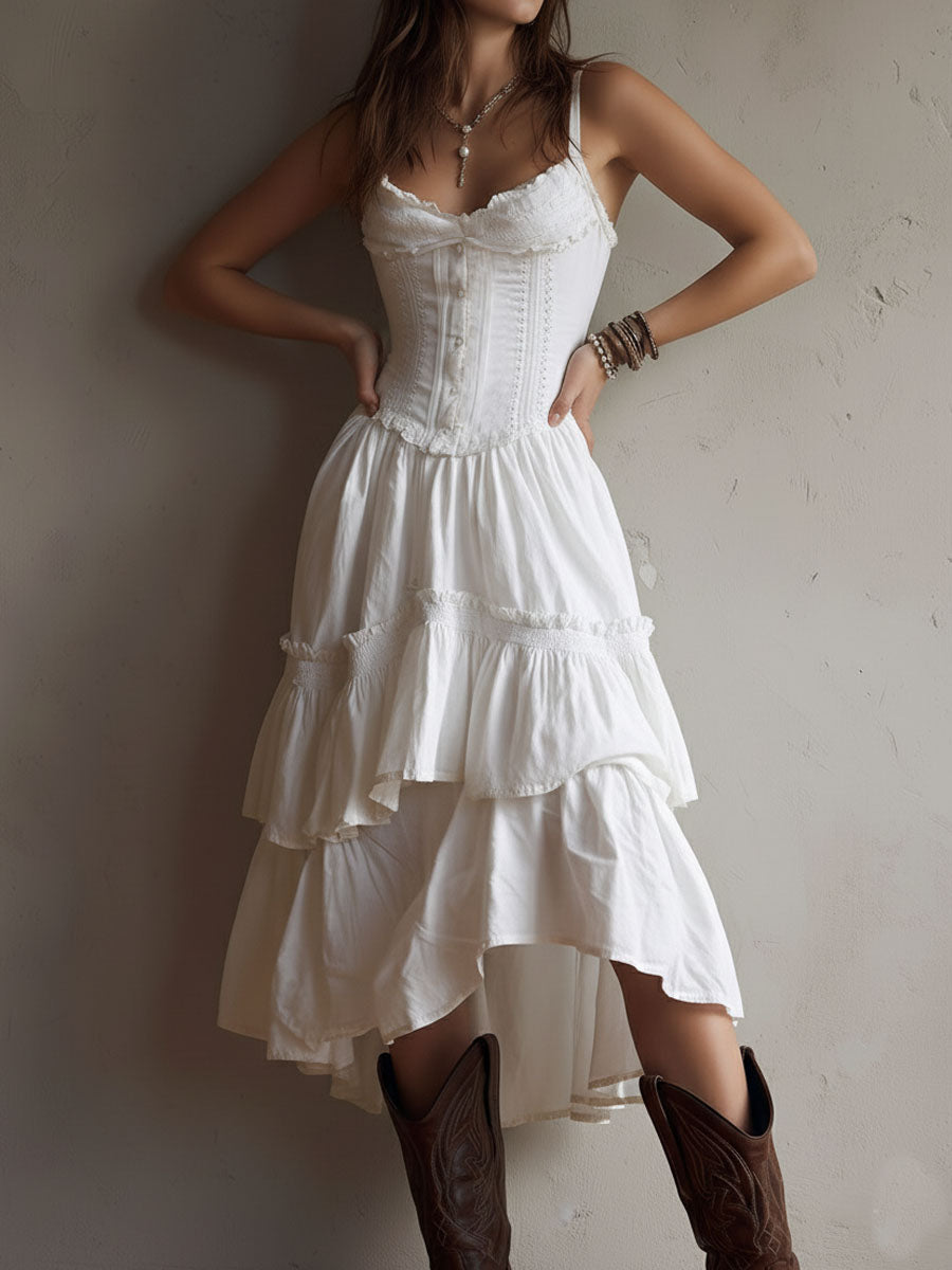 Marisol | Corset Tiered Lace-Trim Midi Dress