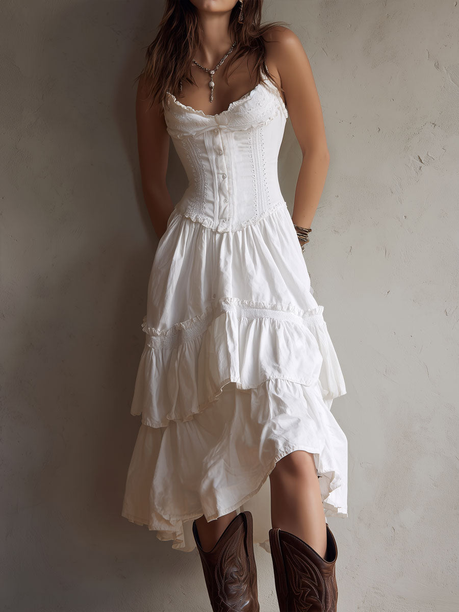 Marisol | Corset Tiered Lace-Trim Midi Dress