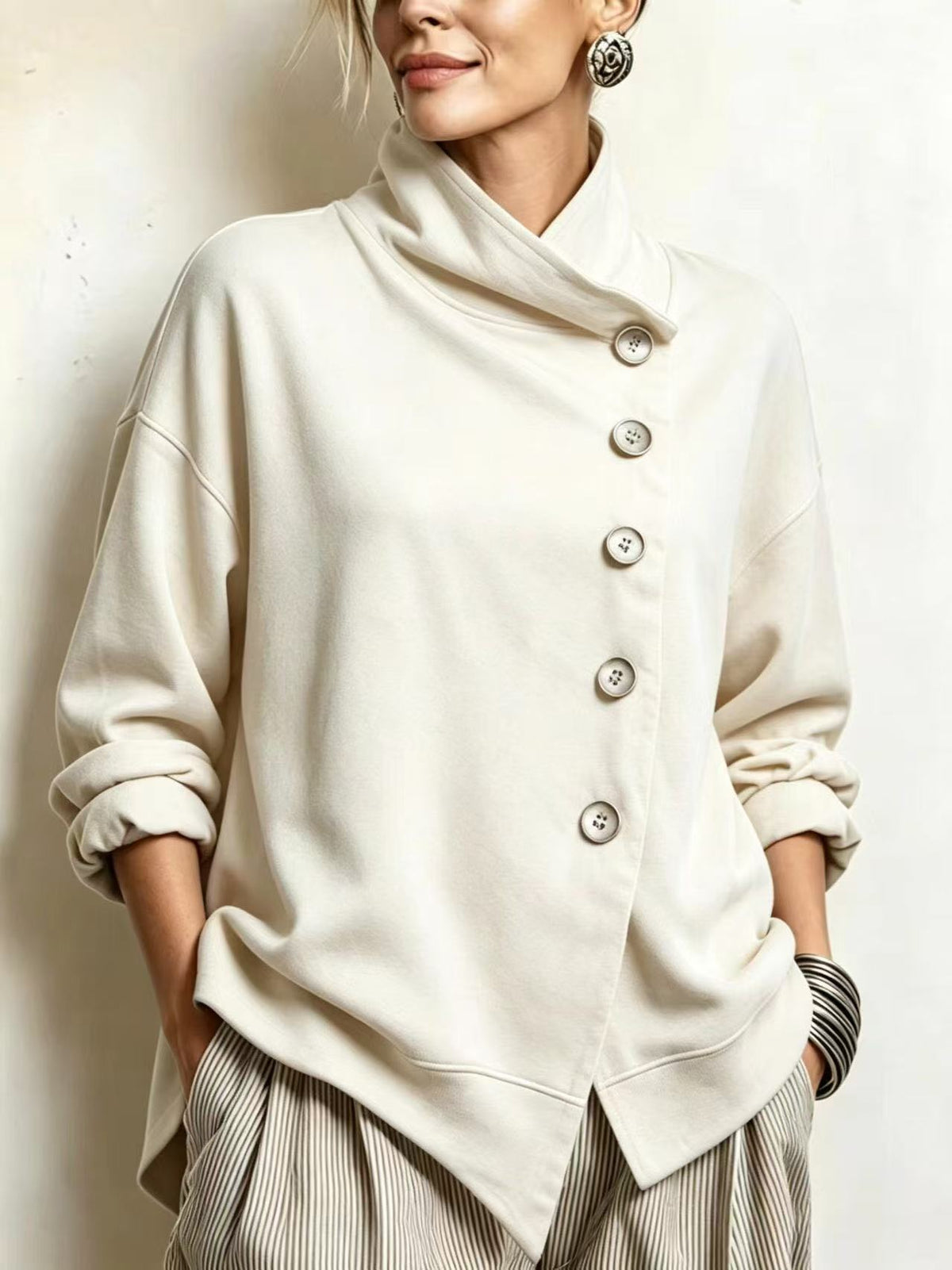 Turtleneck Long-sleeve Top With Slanted Button Placket And Asymmetrical Hem