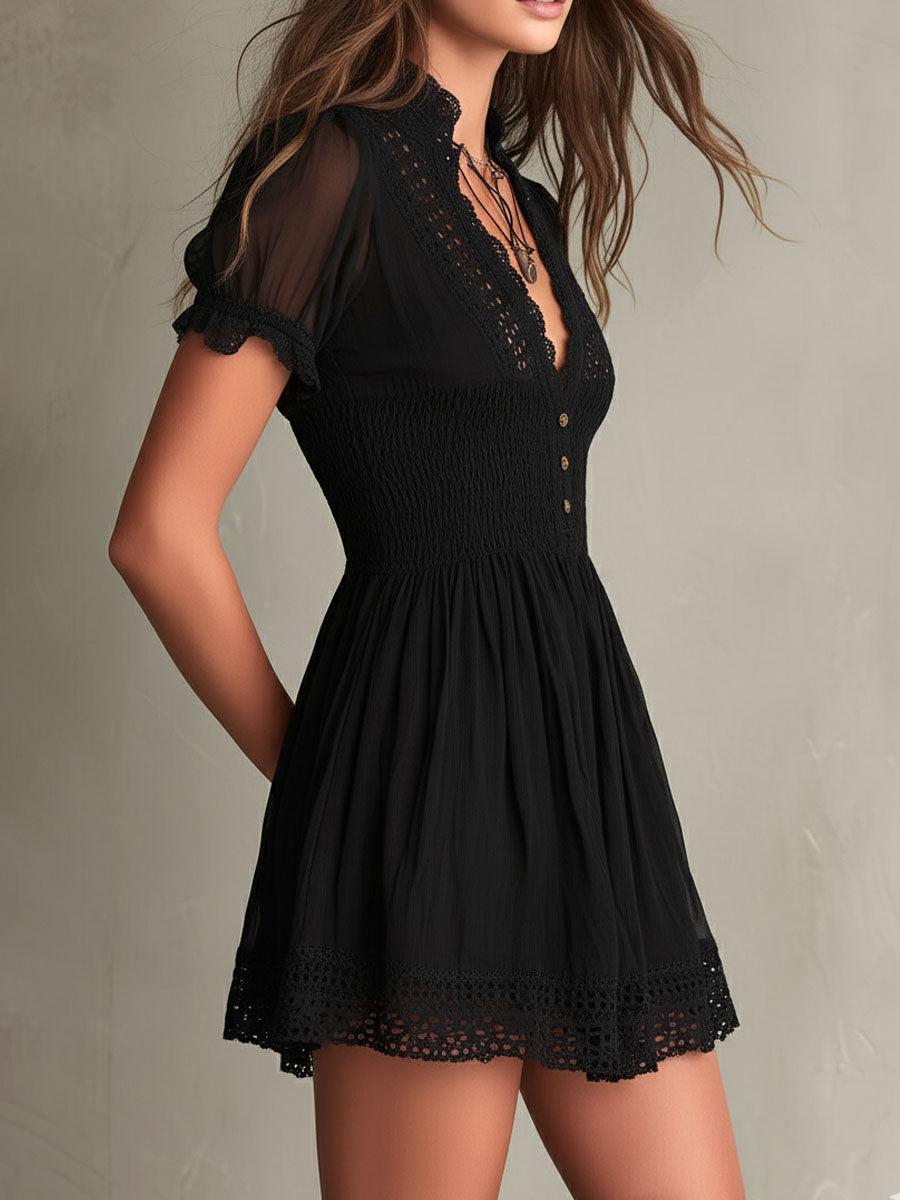 Adele | Smocked Lace-Trim Mini Dress