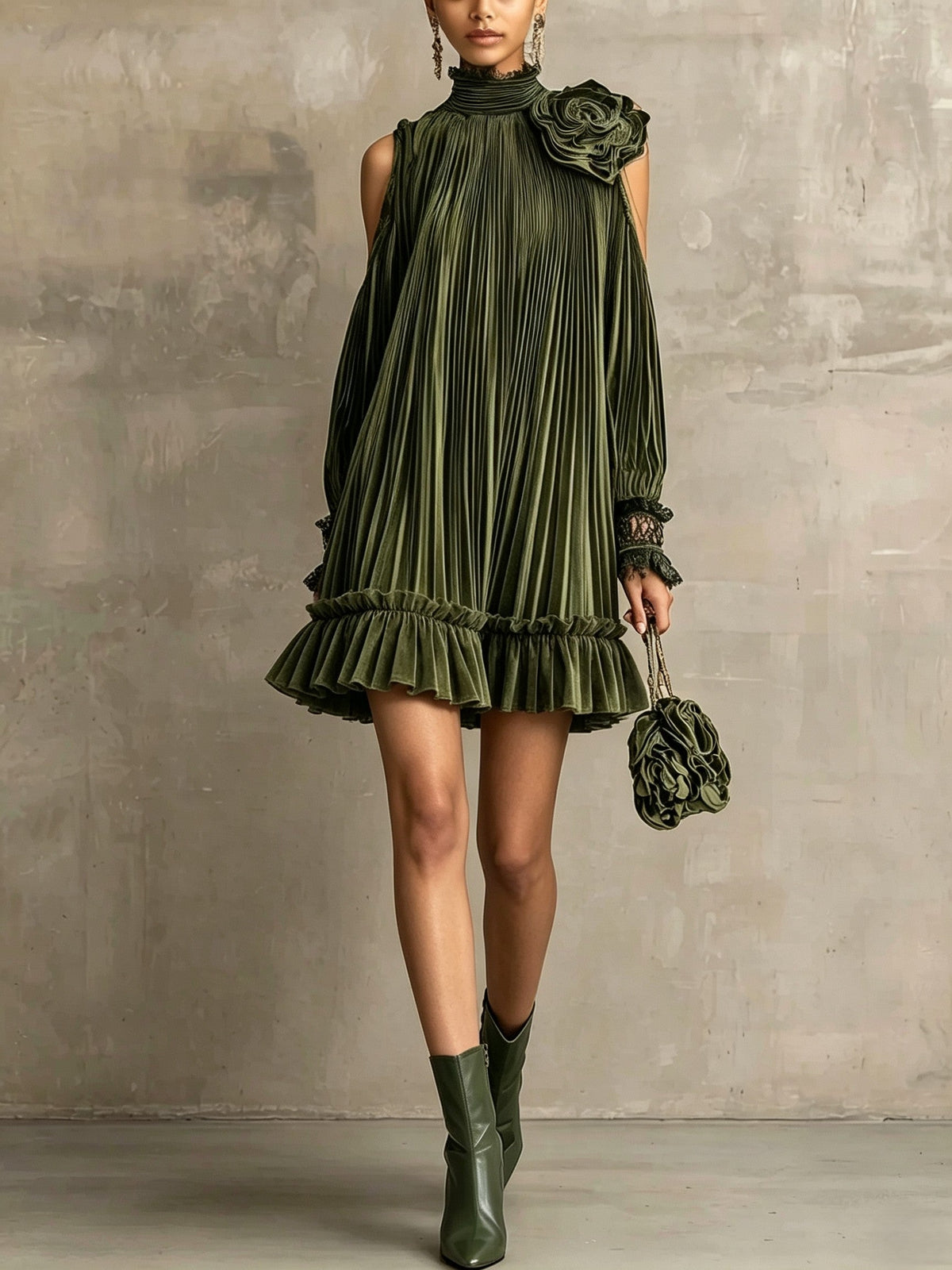 Elegant Olive Green Pleated Mini Dress with High Neck, Ruffle Hem & Rose Detail