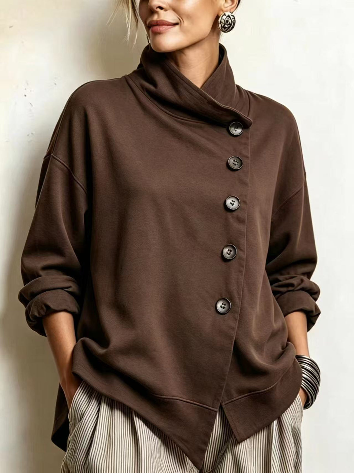 Turtleneck Long-sleeve Top With Slanted Button Placket And Asymmetrical Hem