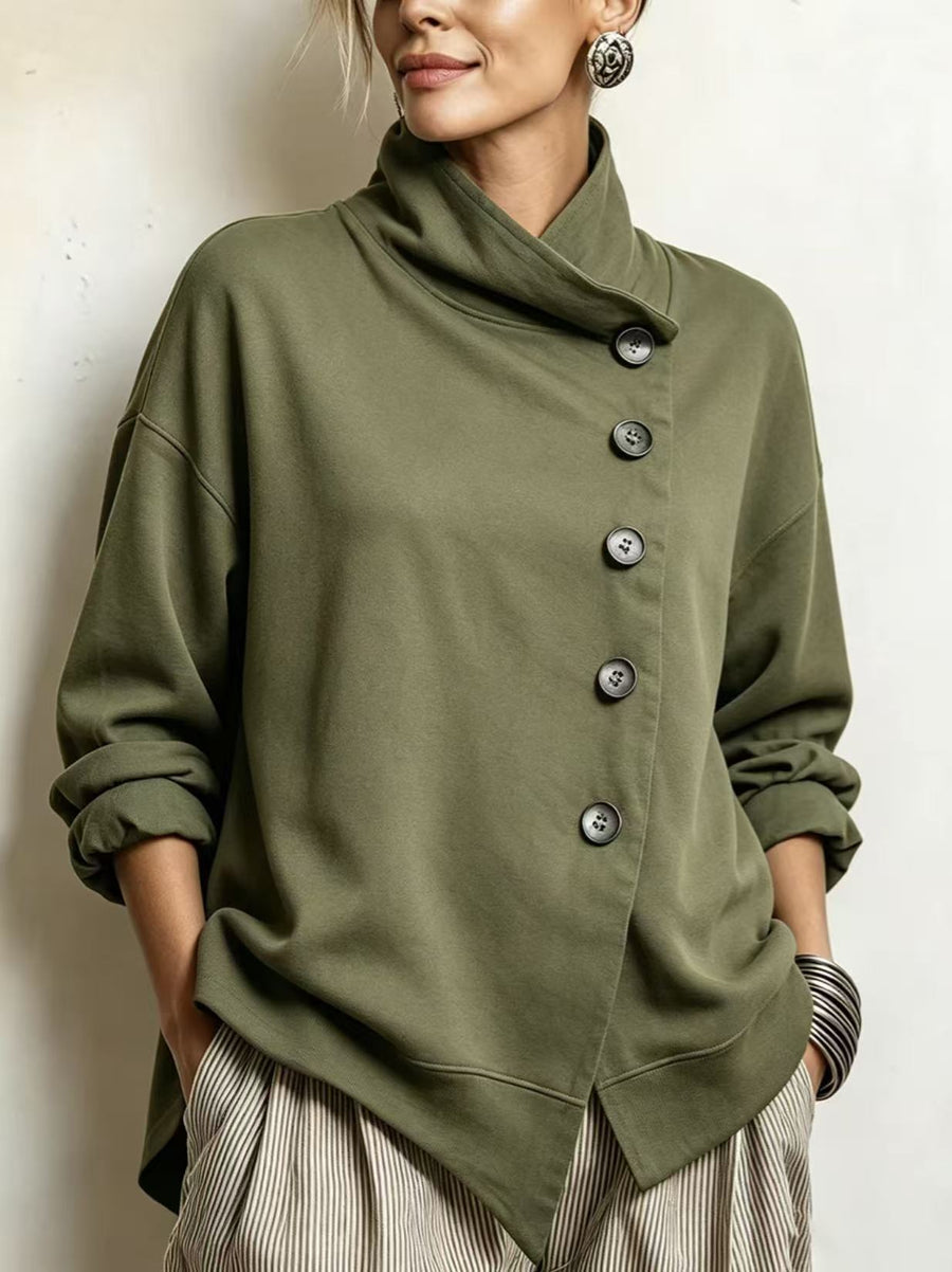 Turtleneck Long-sleeve Top With Slanted Button Placket And Asymmetrical Hem