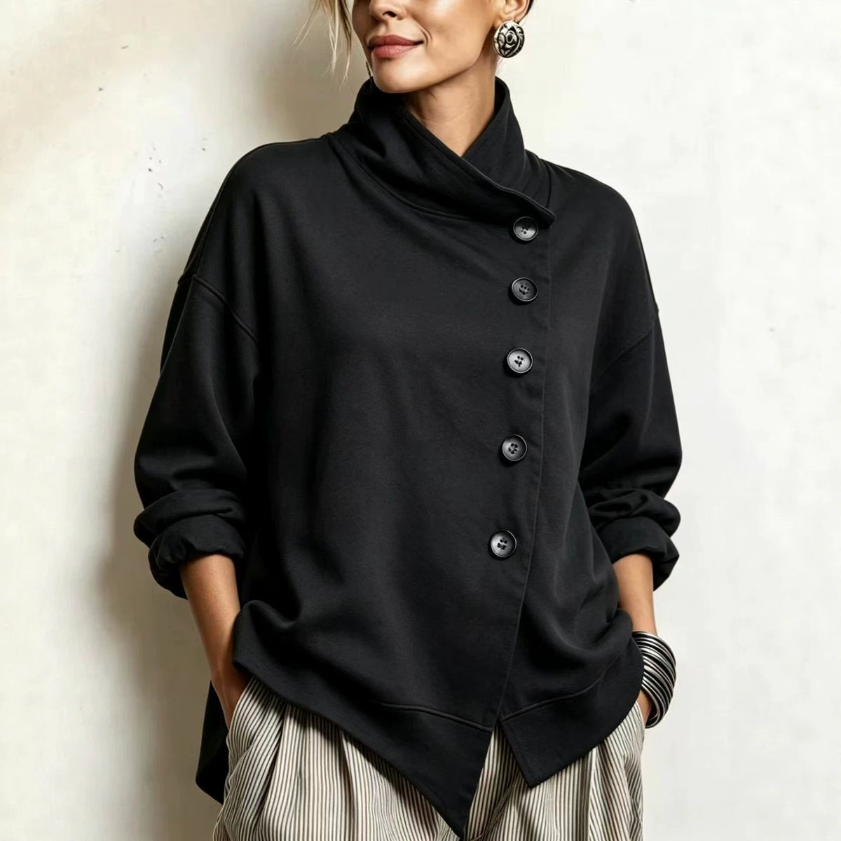 Turtleneck Long-sleeve Top With Slanted Button Placket And Asymmetrical Hem