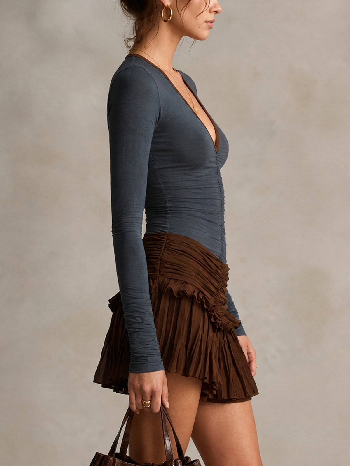 Two-Tone Deep V Slim Fit Long Sleeve Top & Ruffled Mini Skirt Set
