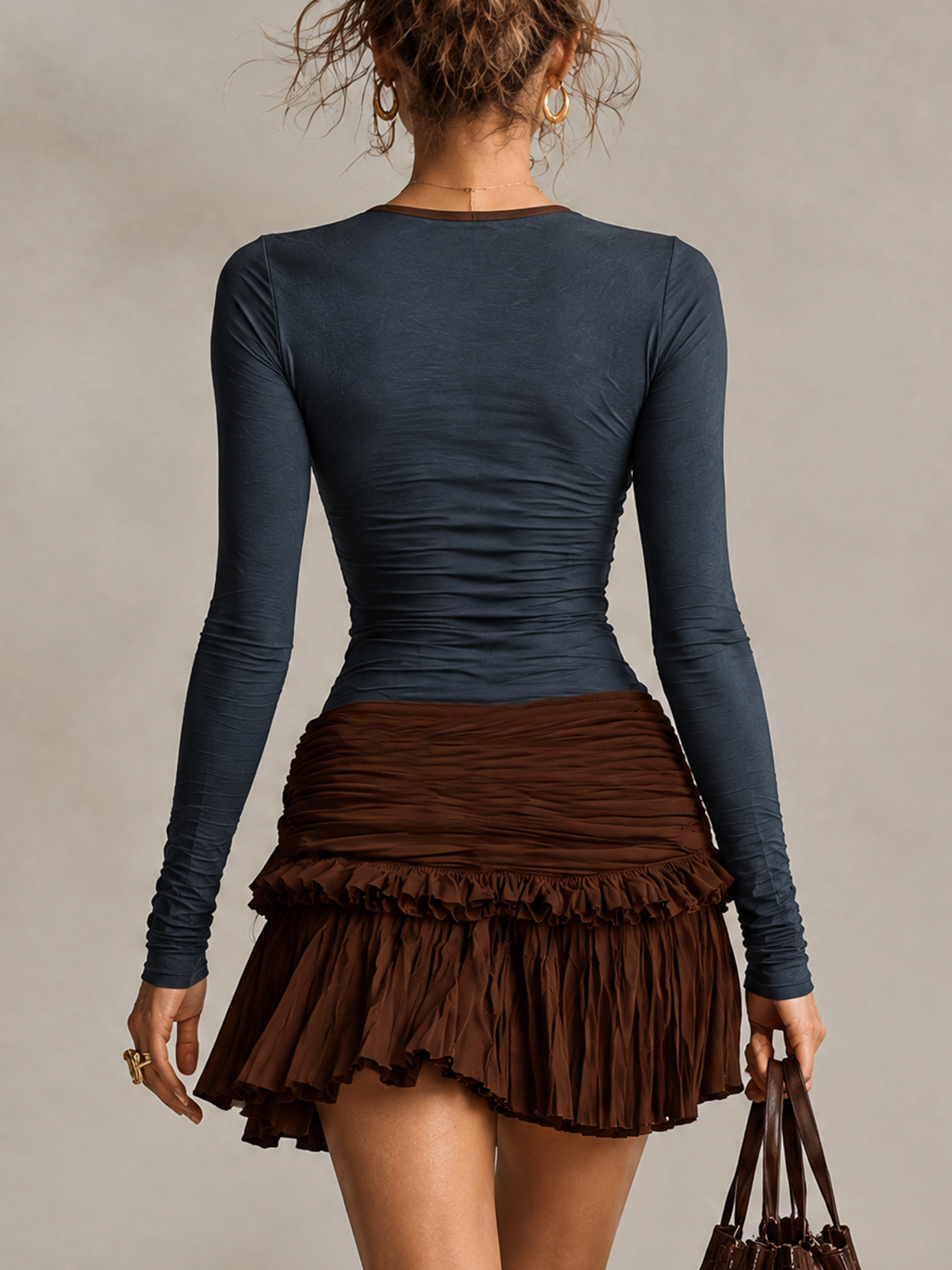 Two-Tone Deep V Slim Fit Long Sleeve Top & Ruffled Mini Skirt Set