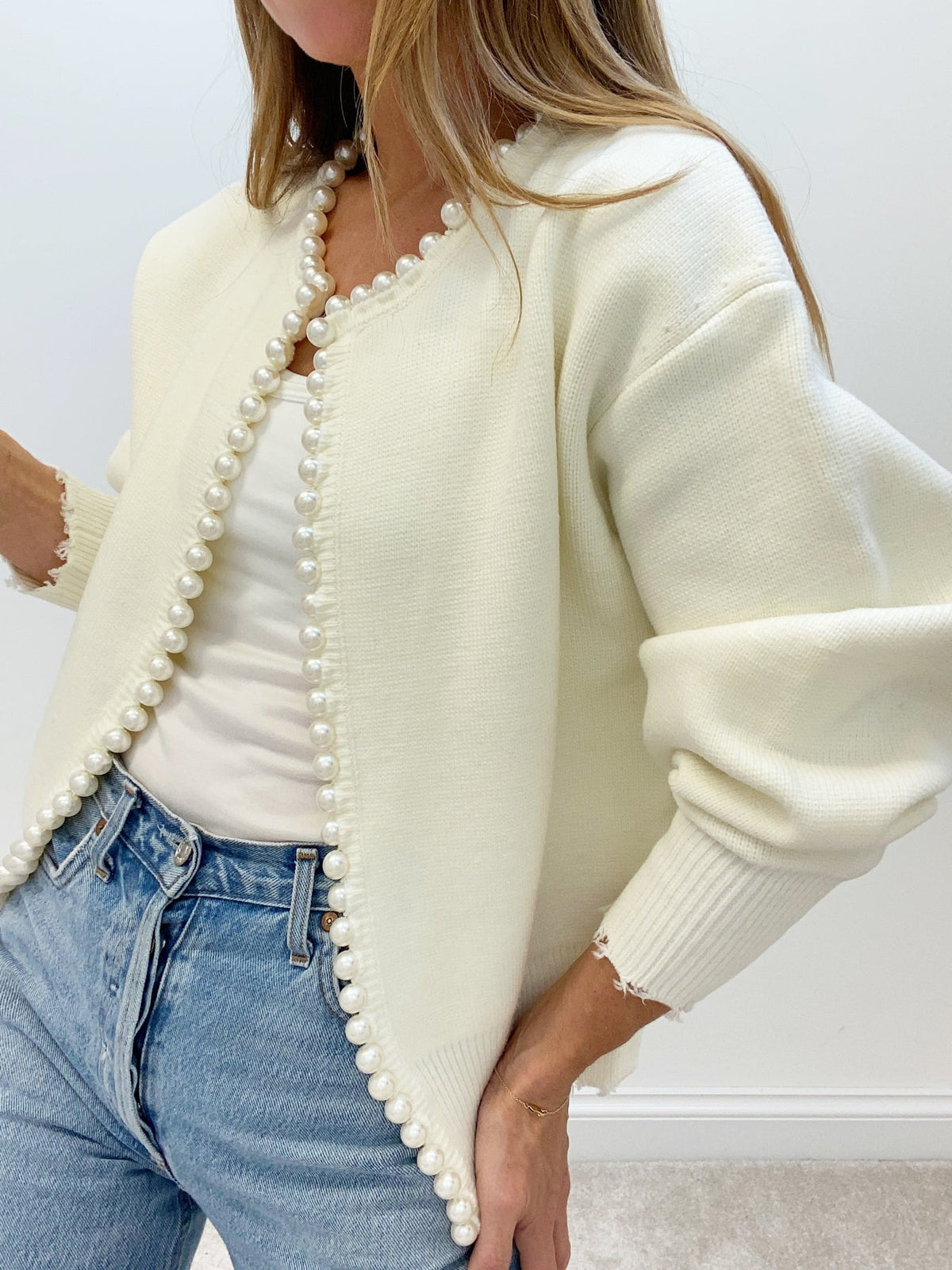 Pearl Cardigan for Women – Pearl Trim Knit Cardigan with Raw Hem, Long Sleeve Cardigan Women