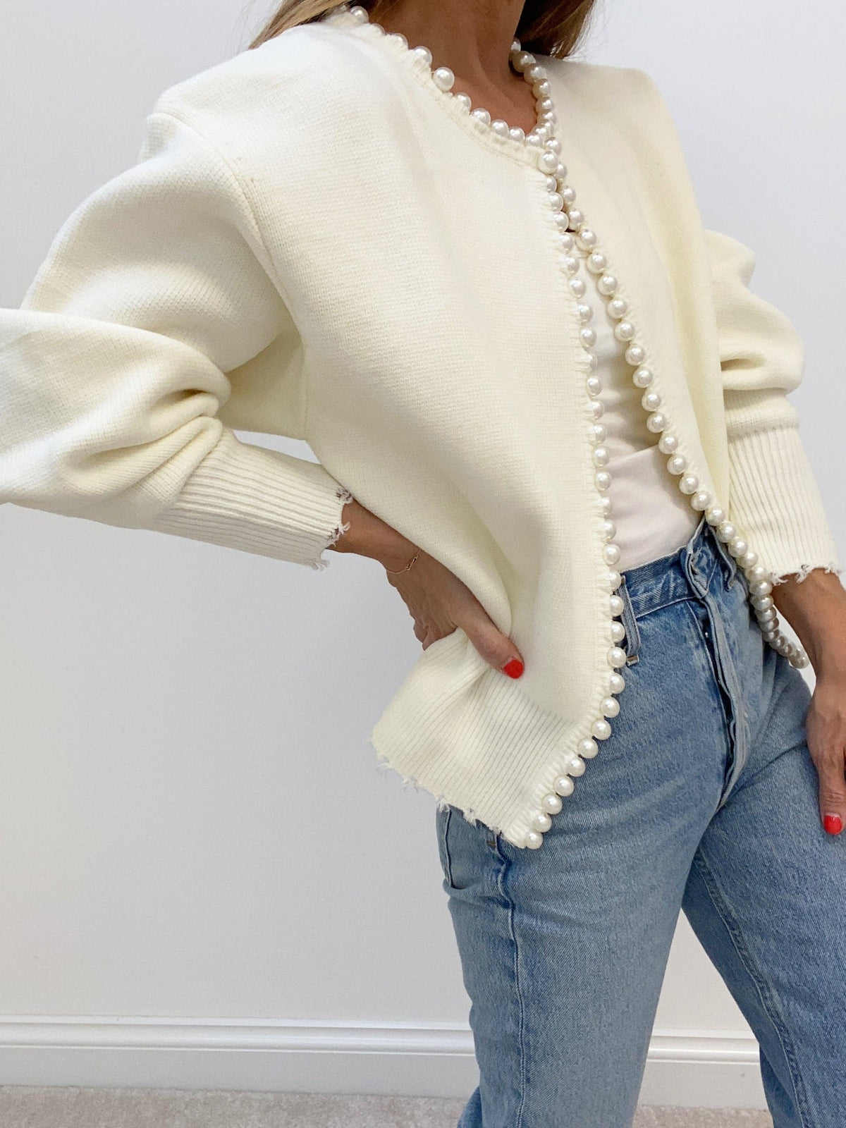 Pearl Cardigan for Women – Pearl Trim Knit Cardigan with Raw Hem, Long Sleeve Cardigan Women