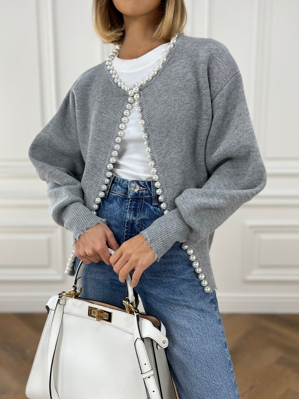 Pearl Cardigan for Women – Pearl Trim Knit Cardigan with Raw Hem, Long Sleeve Cardigan Women