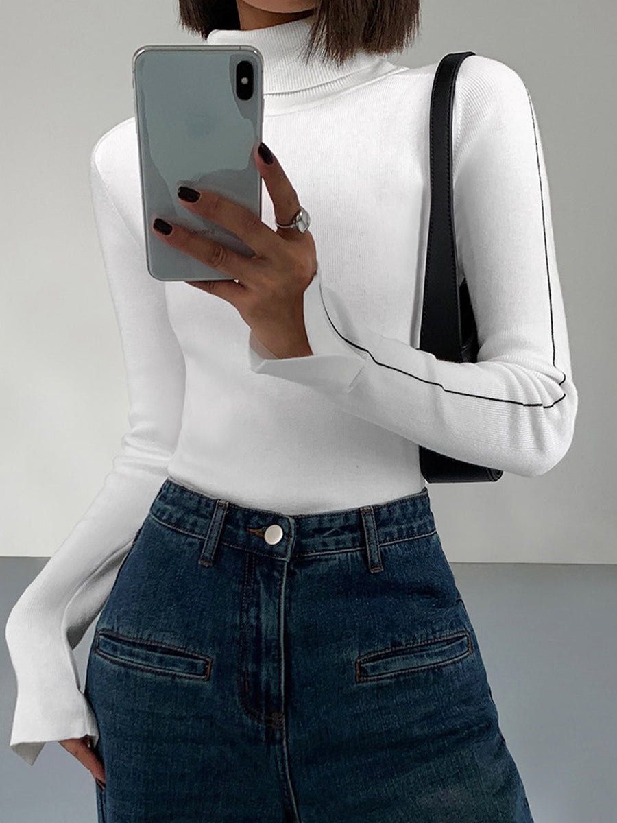 Turtleneck Sweater Women – Contrast Trim Knit Top with Long Sleeves, Fall Sweaters