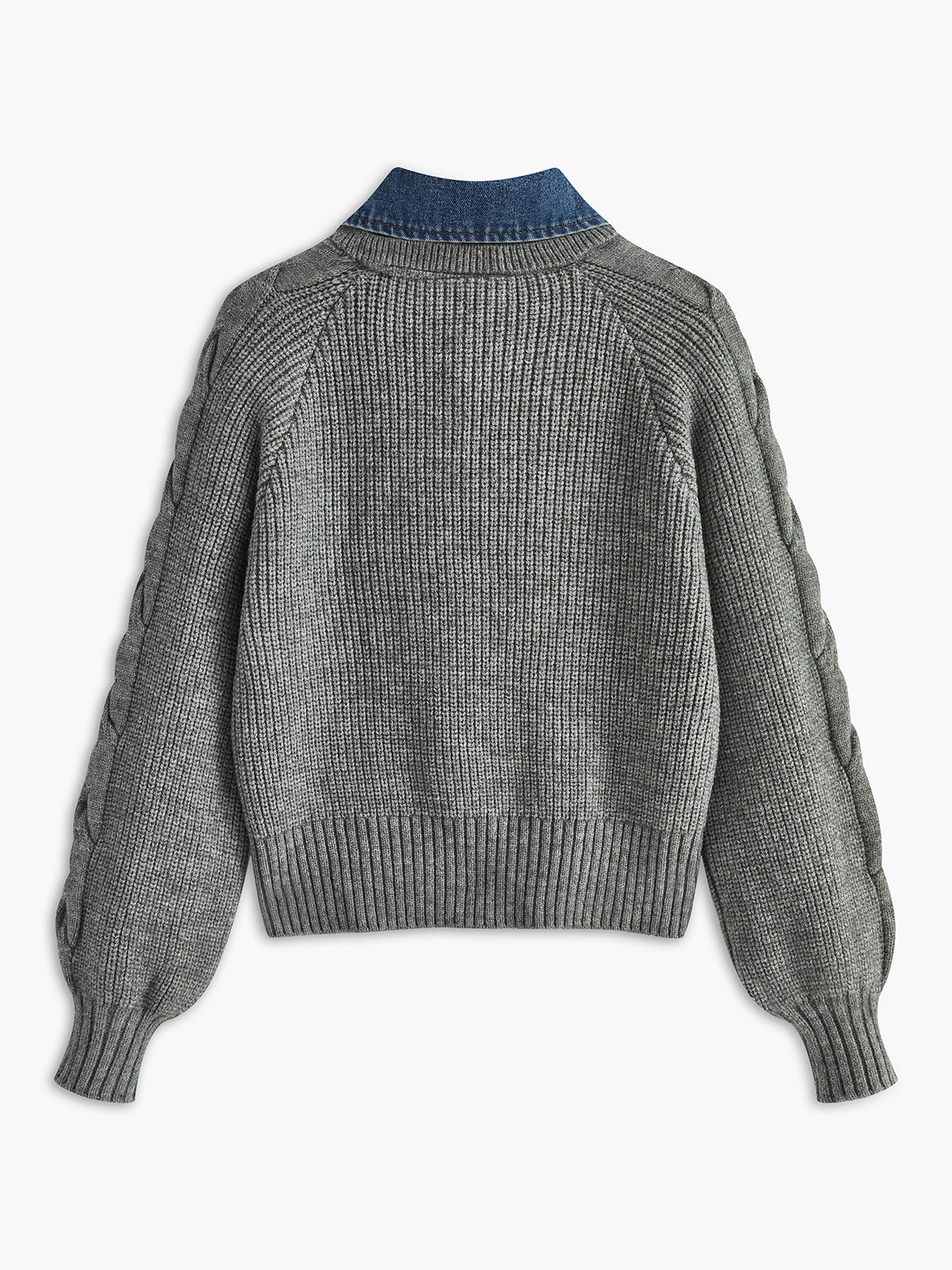 Ribbed Knit Sweater with Denim Collar for Women – Relaxed Fit Long Sleeve Fall Sweaters