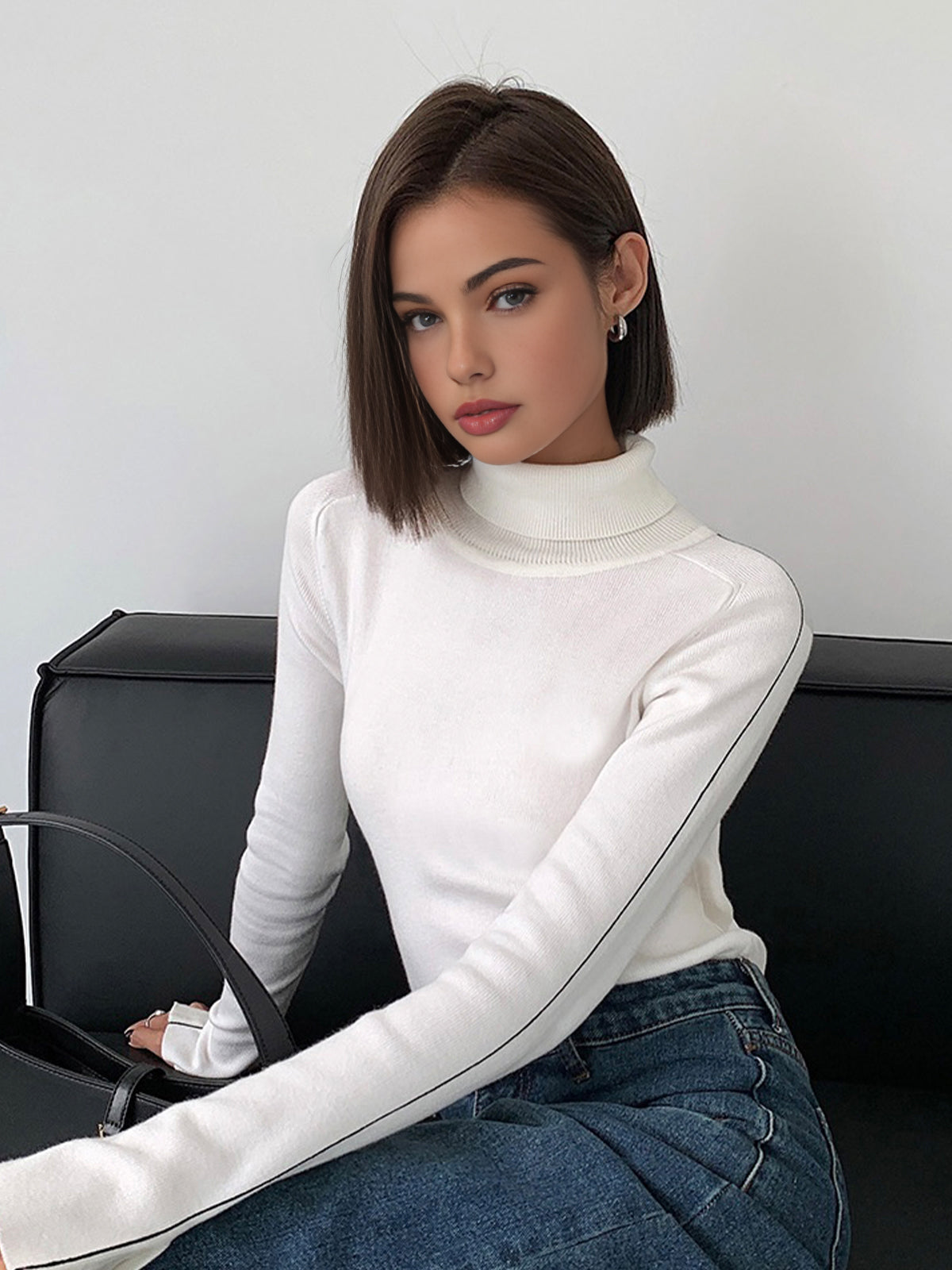 Turtleneck Sweater Women – Contrast Trim Knit Top with Long Sleeves, Fall Sweaters