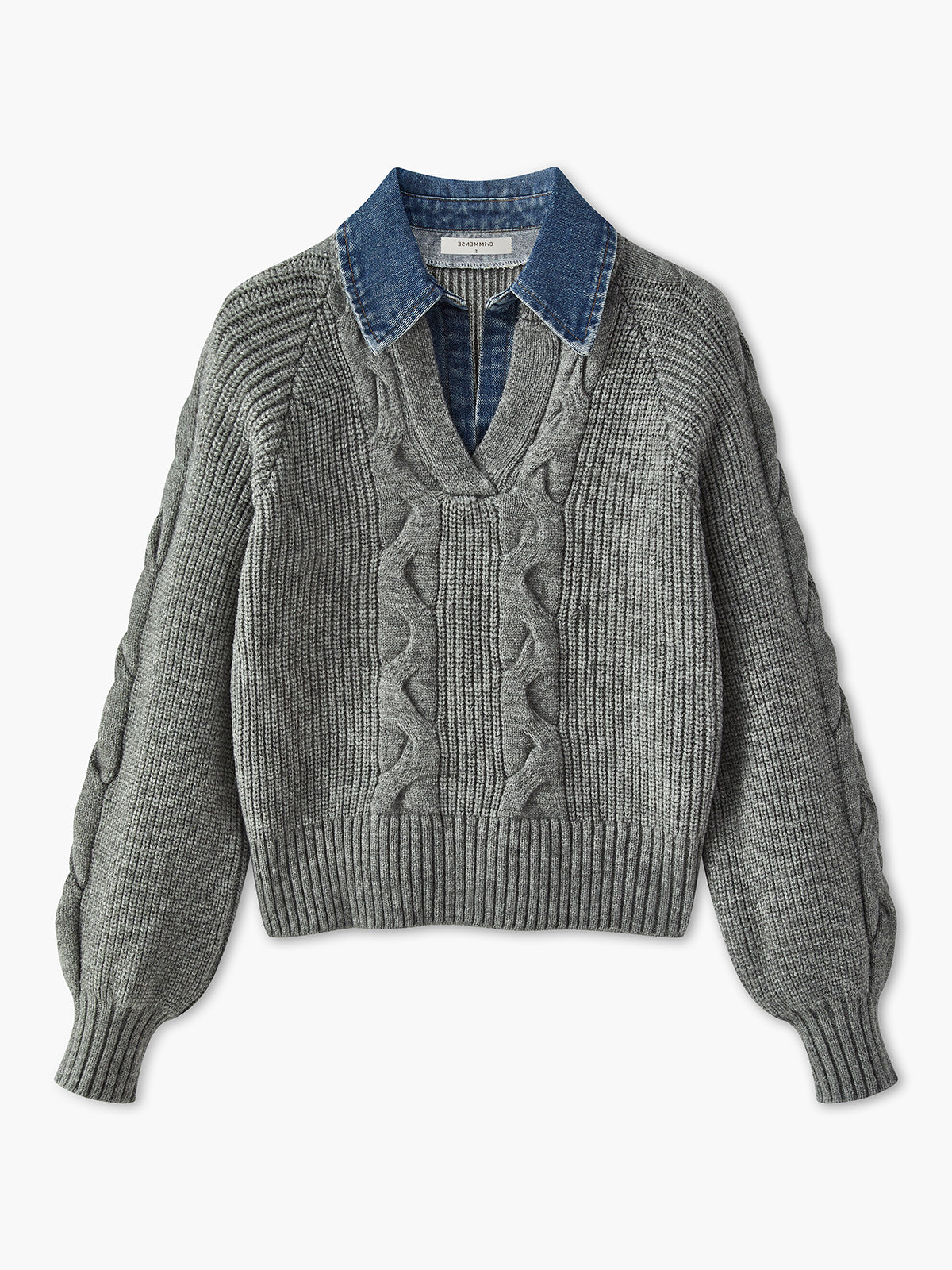 Ribbed Knit Sweater with Denim Collar for Women – Relaxed Fit Long Sleeve Fall Sweaters