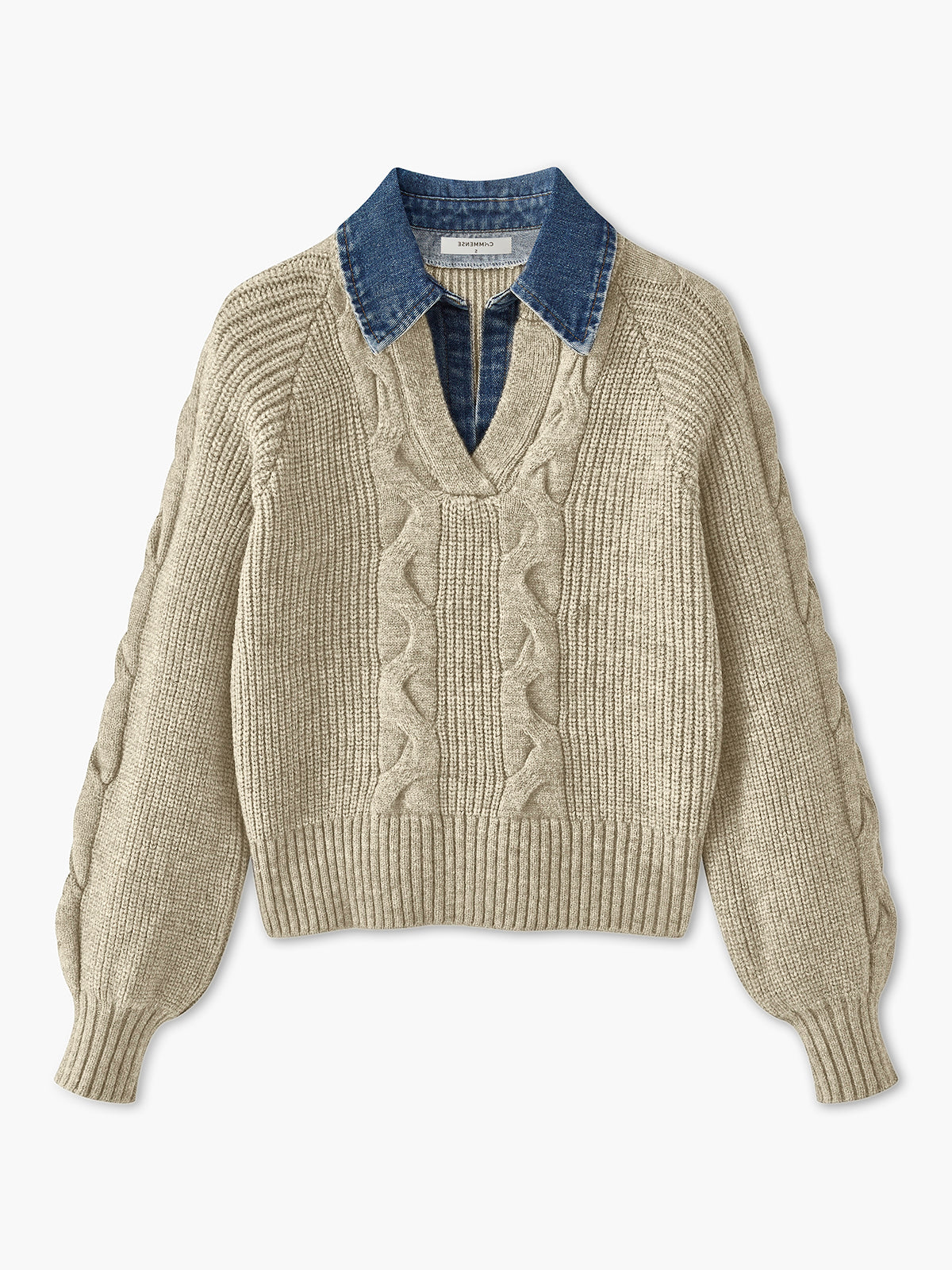 Ribbed Knit Sweater with Denim Collar for Women – Relaxed Fit Long Sleeve Fall Sweaters