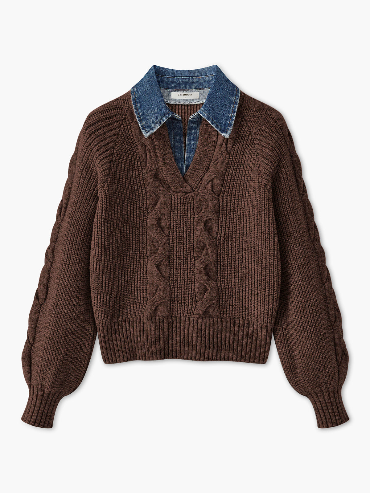 Ribbed Knit Sweater with Denim Collar for Women – Relaxed Fit Long Sleeve Fall Sweaters