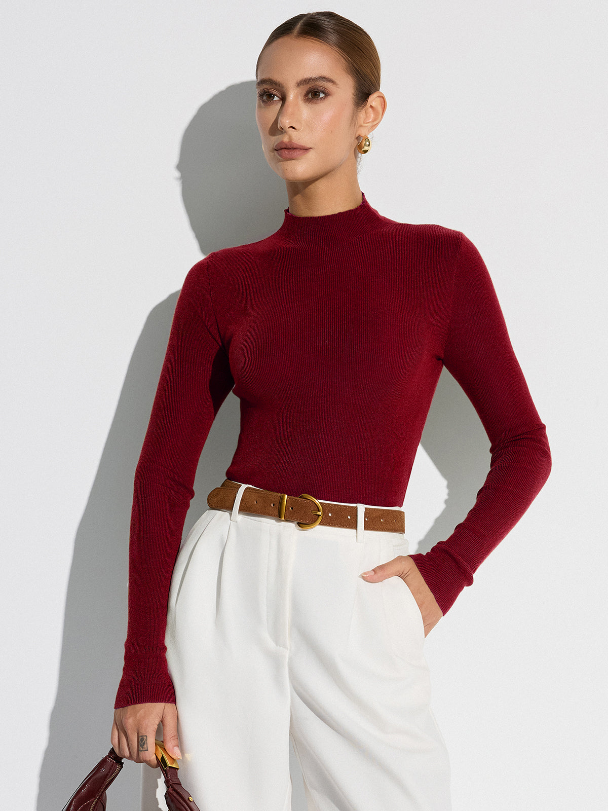 Mock Neck Sweater for Women – Wool Blend Slim Fit Knit Top with Long Sleeves, Fall Sweaters