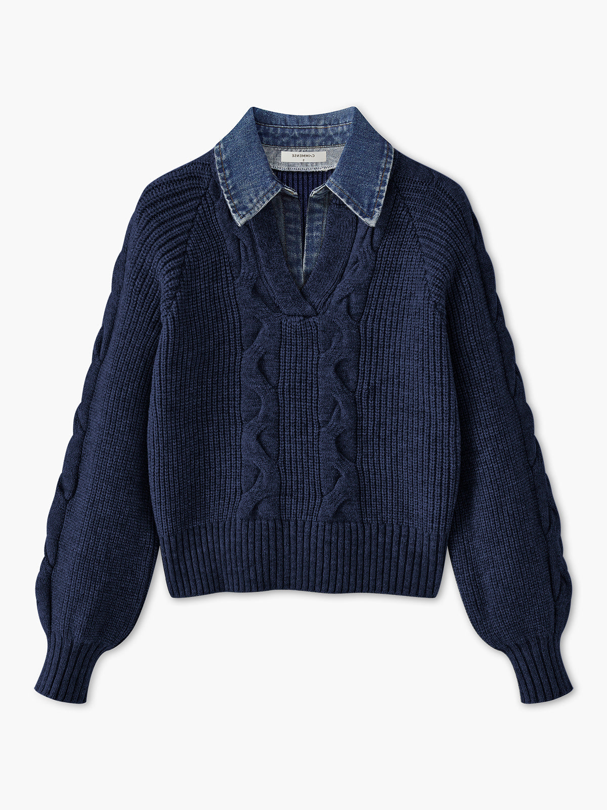 Ribbed Knit Sweater with Denim Collar for Women – Relaxed Fit Long Sleeve Fall Sweaters