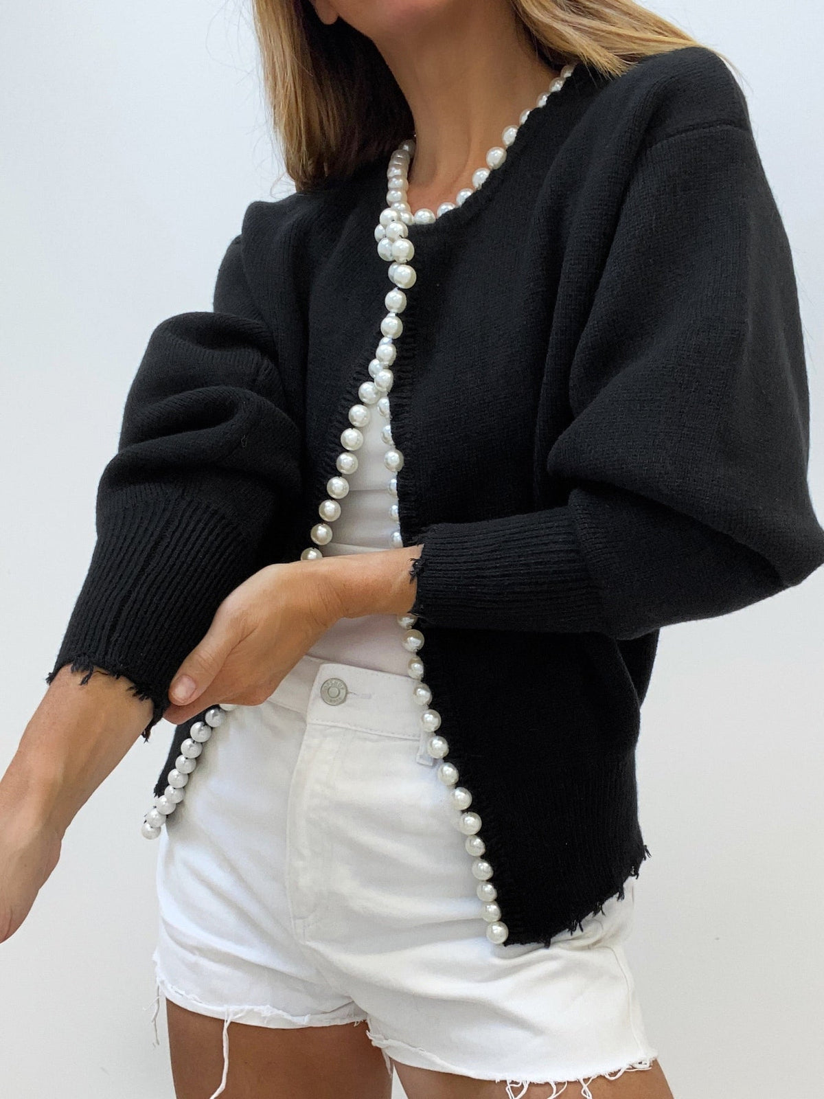 Pearl Cardigan for Women – Pearl Trim Knit Cardigan with Raw Hem, Long Sleeve Cardigan Women
