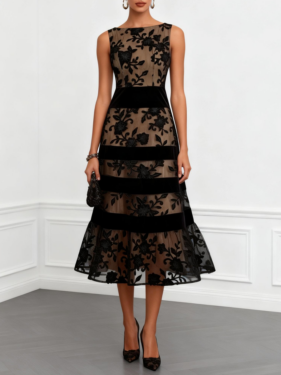 Cordelia | Black Floral A-Line Midi