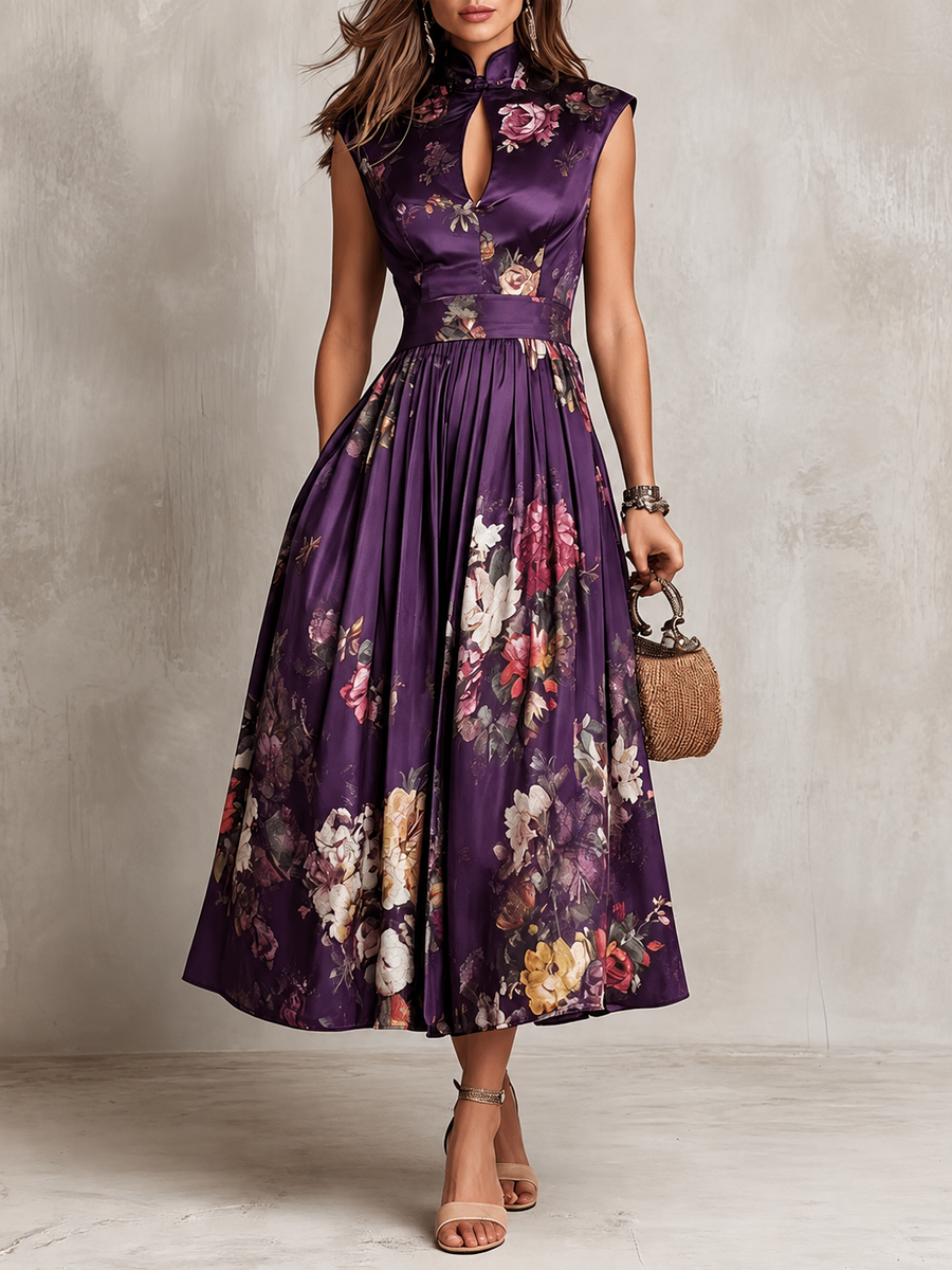 Florence | Floral Mandarin-Neck Midi Dress