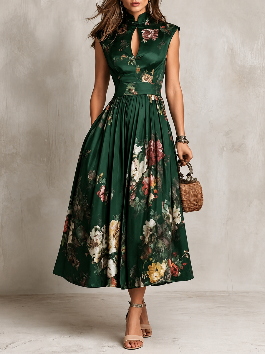 Florence | Floral Mandarin-Neck Midi Dress