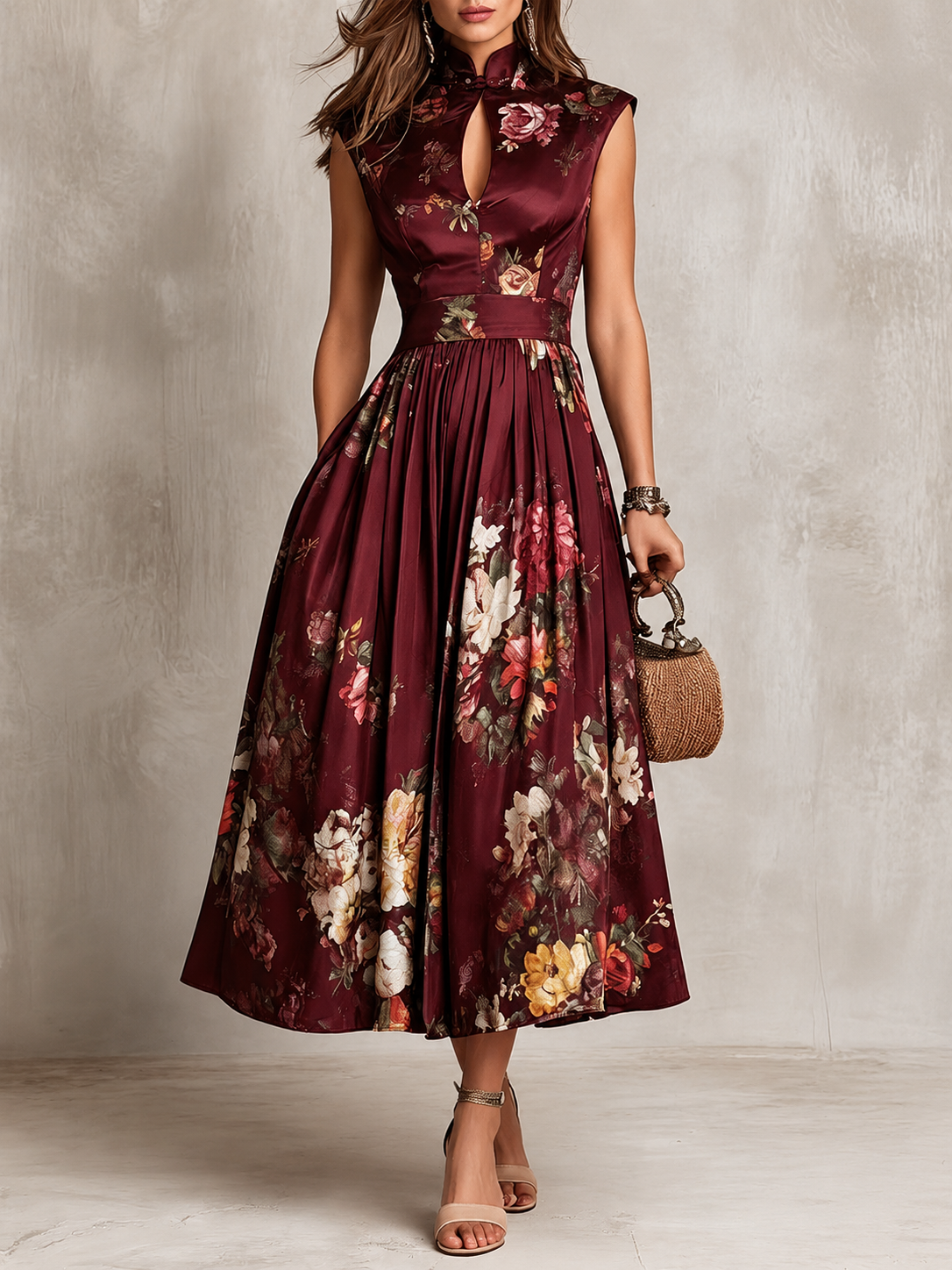 Florence | Floral Mandarin-Neck Midi Dress