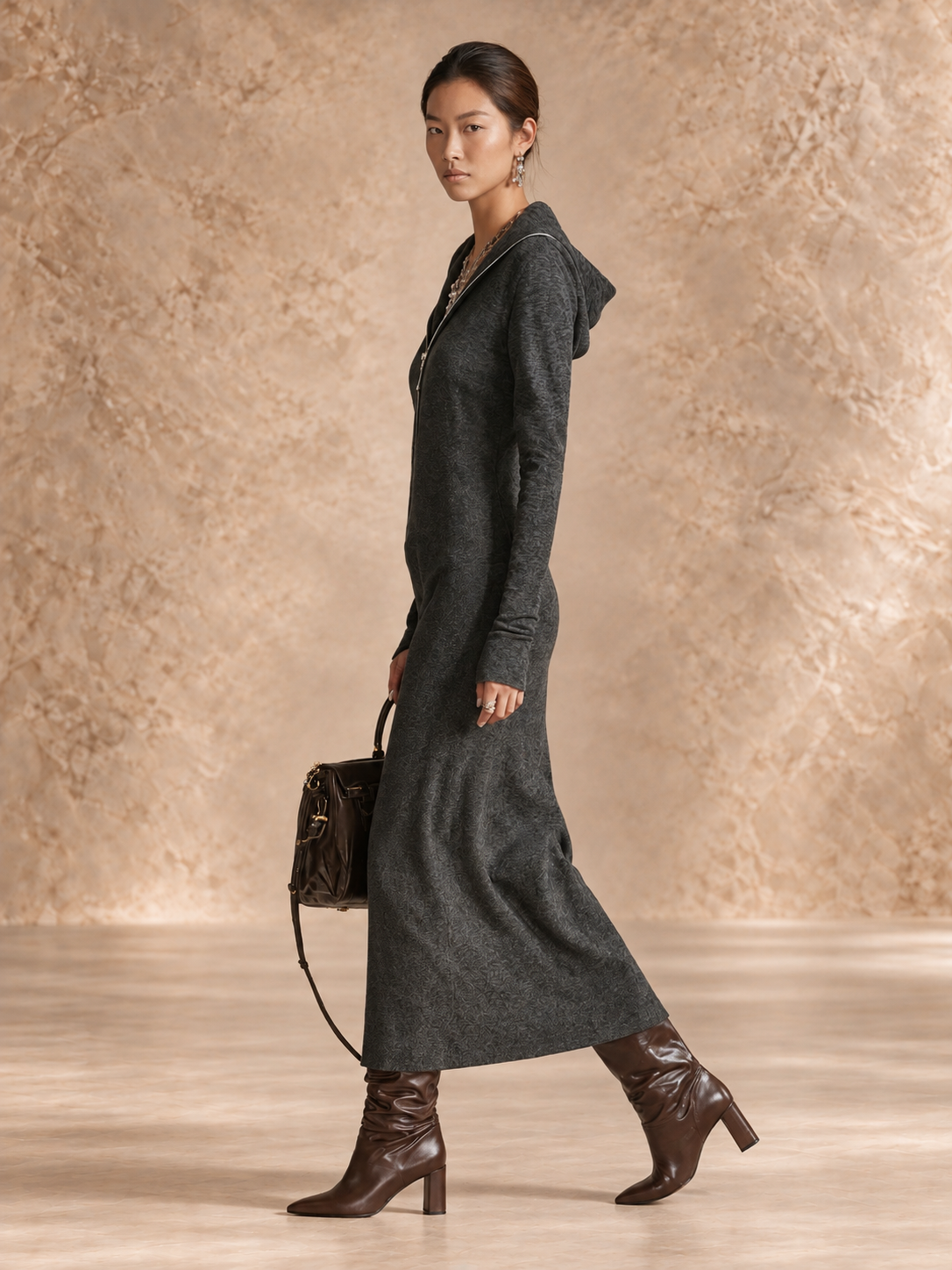 LIORRA | LONG-SLEEVE TUNIC DRESS WITH HOOD AND ZIPPER DETAIL