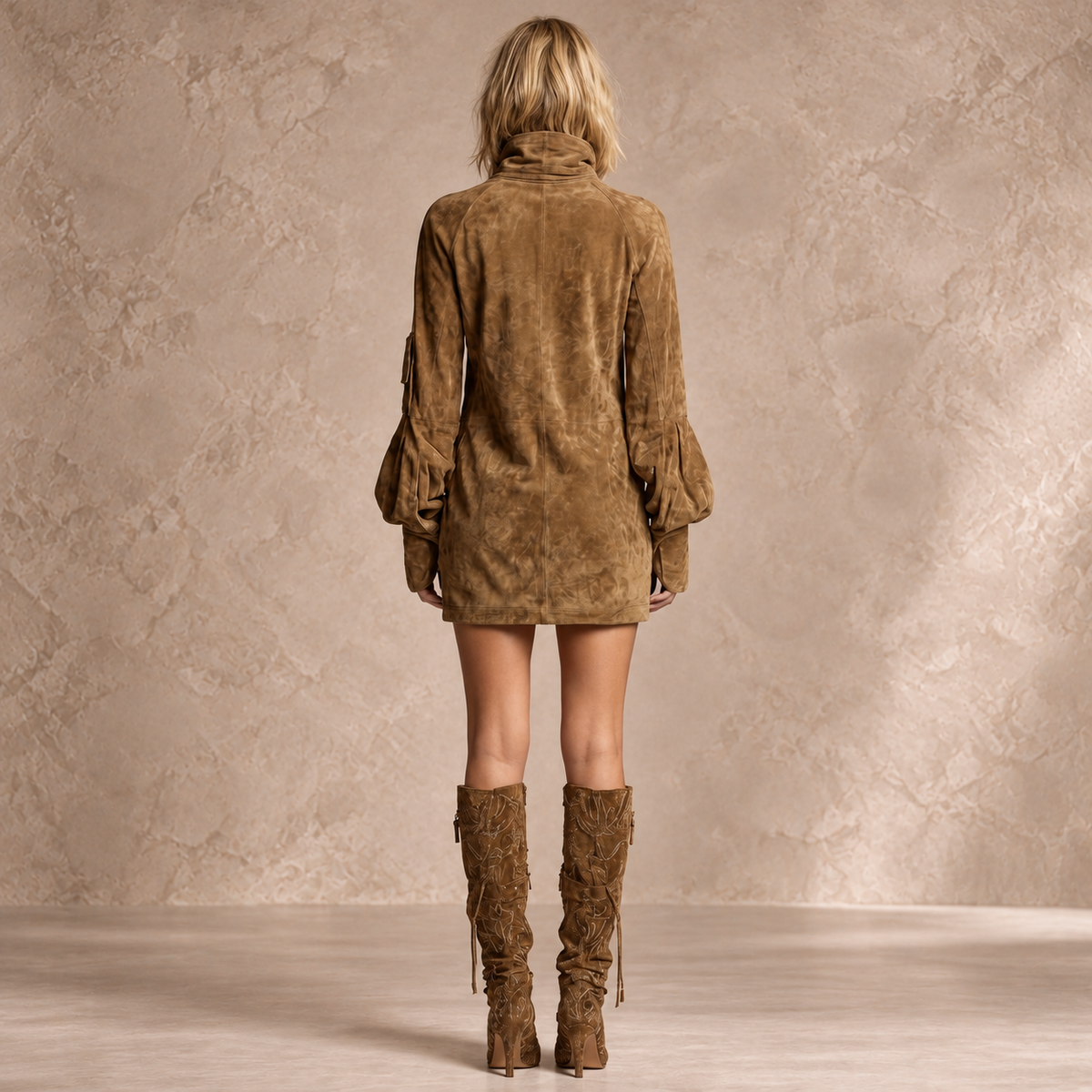 LILLY | SUEDE TURTLENECK MINI DRESS WITH VINTAGE CHARM