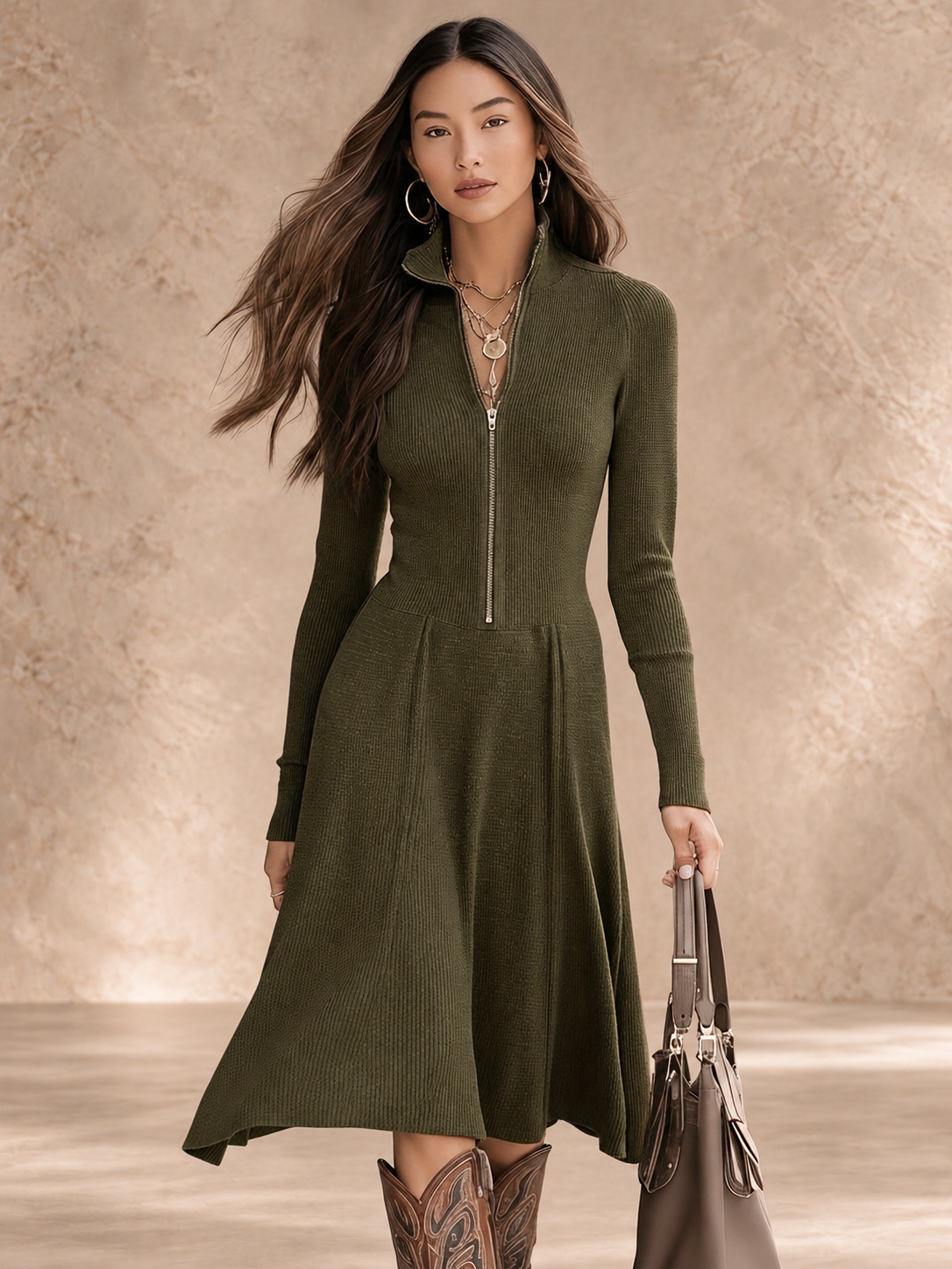 ZINNIA | ZIPPERED LONG SLEEVE DRESS WITH STRETCH FABRIC