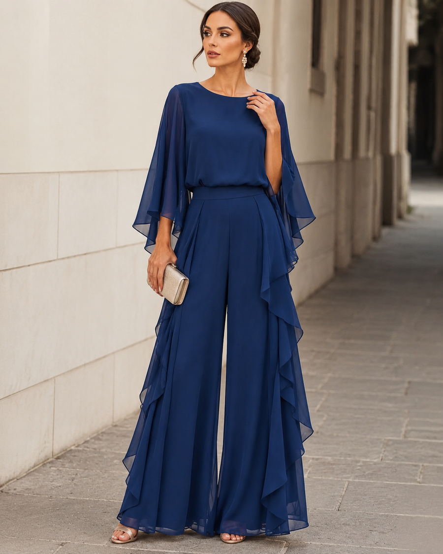 Lenorah | Ruffled Chiffon Top and Straight-Leg Pants Set